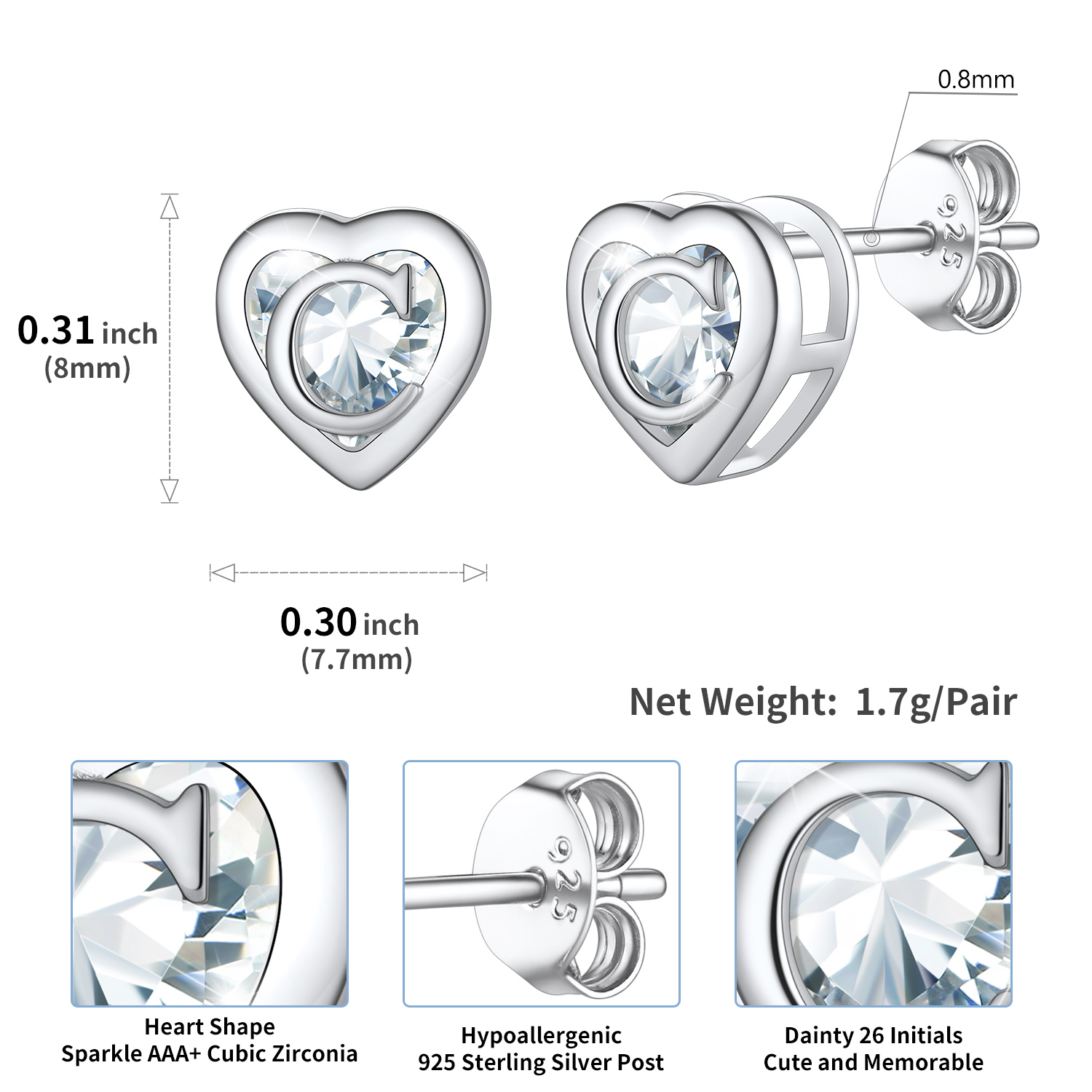 Sterling Silver ChicSilver Love Heart Initial Cubic Zirconia Stud Earrings Details: Dimensions, Hypoallergenic, Push Back Finding
