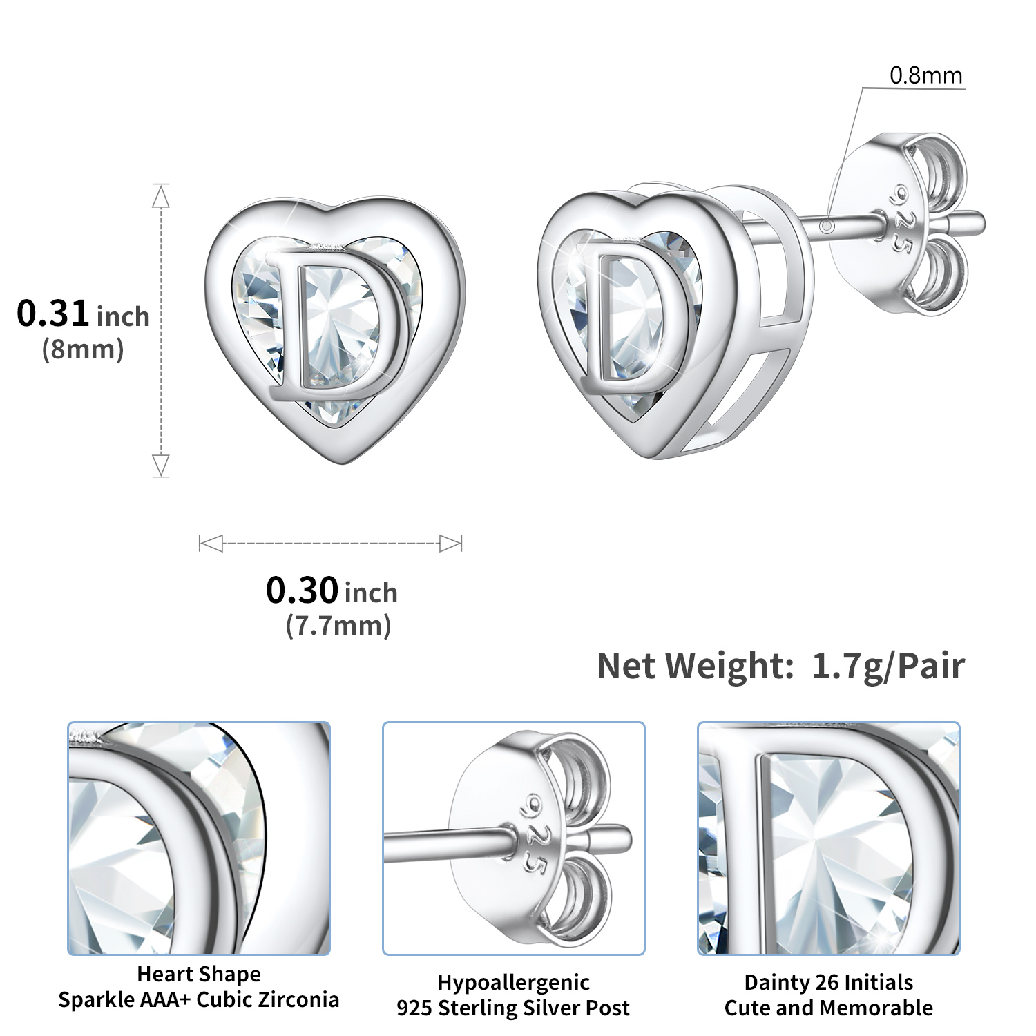 Sterling Silver ChicSilver Love Heart Initial Cubic Zirconia Stud Earrings Details: Dimensions, Hypoallergenic, Push Back Finding