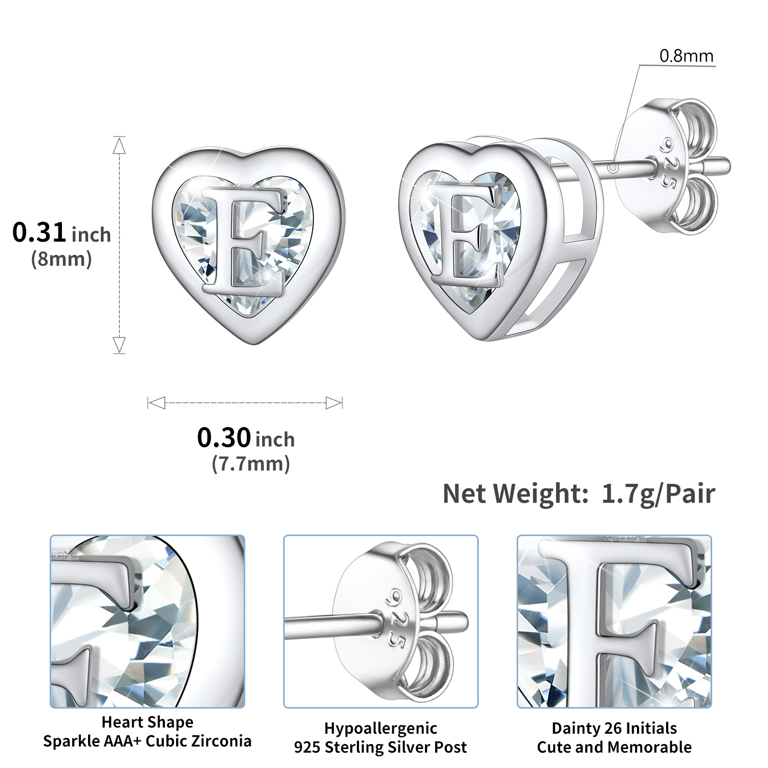 Sterling Silver ChicSilver Love Heart Initial Cubic Zirconia Stud Earrings Details: Dimensions, Hypoallergenic, Push Back Finding