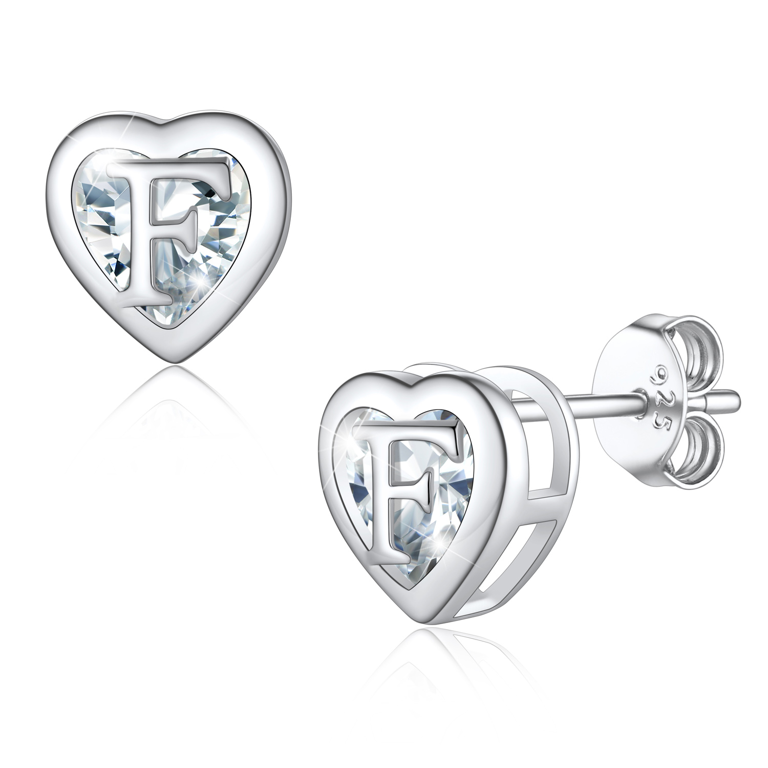 Love Heart Initial Cubic Zirconia Stud Earrings