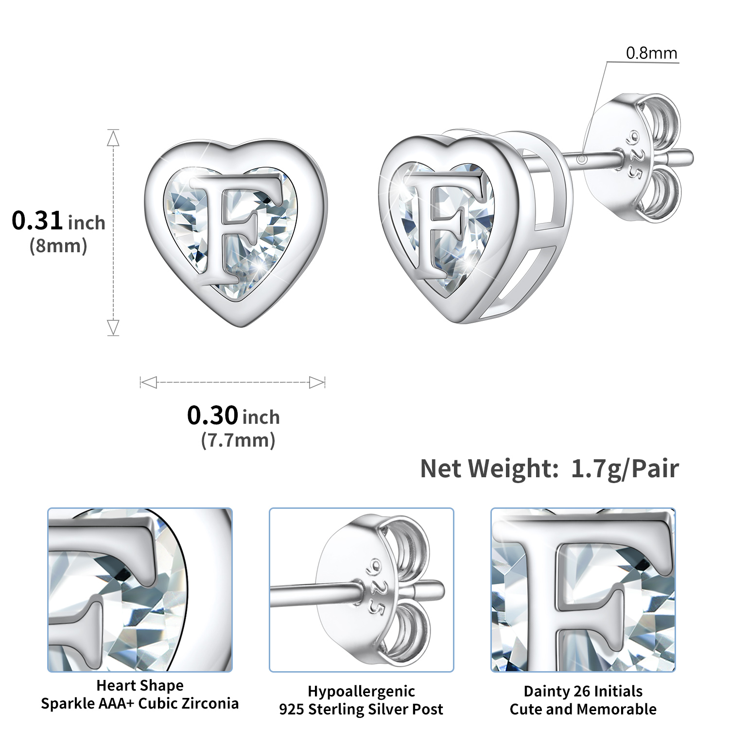 Sterling Silver ChicSilver Love Heart Initial Cubic Zirconia Stud Earrings Details: Dimensions, Hypoallergenic, Push Back Finding