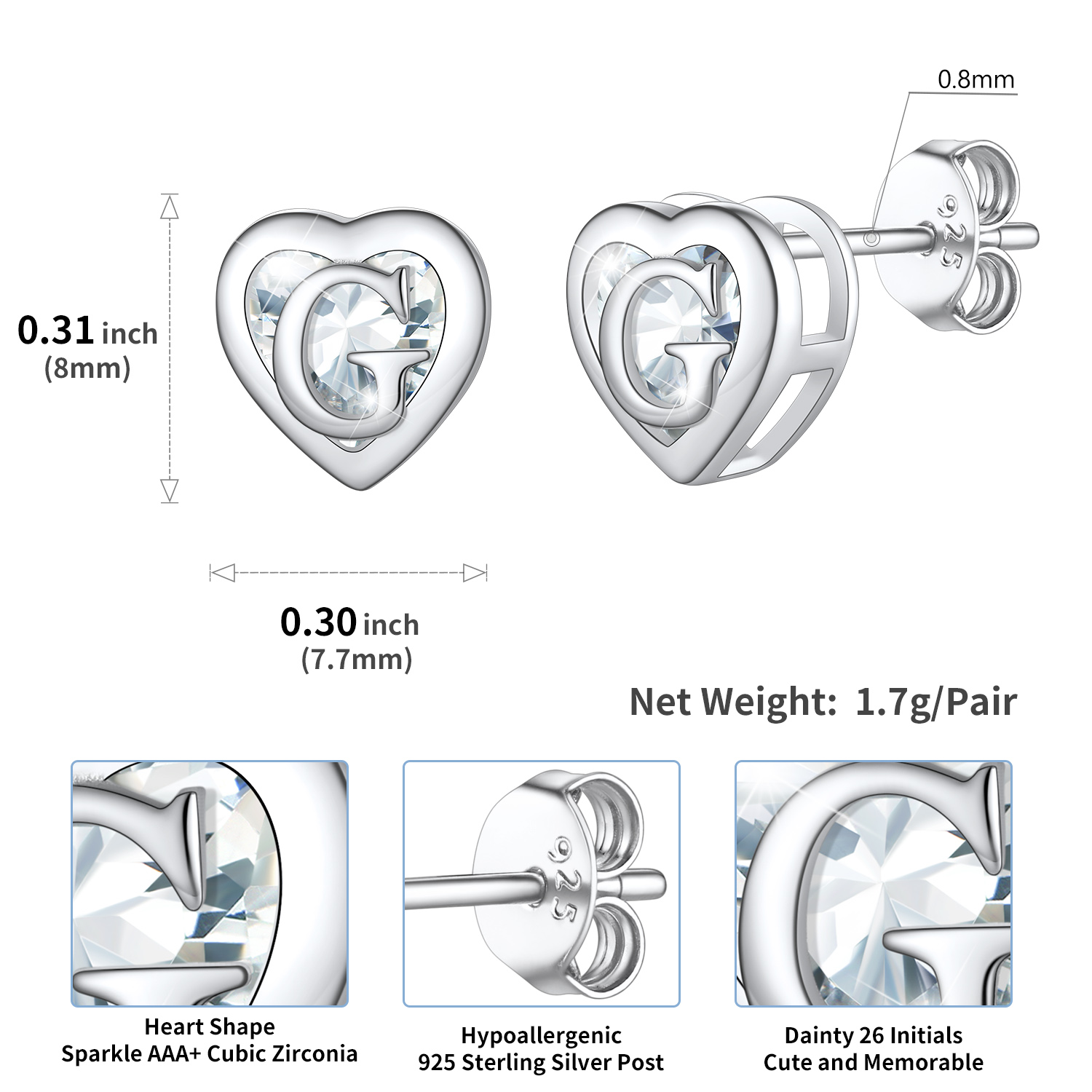 Sterling Silver ChicSilver Love Heart Initial Cubic Zirconia Stud Earrings Details: Dimensions, Hypoallergenic, Push Back Finding