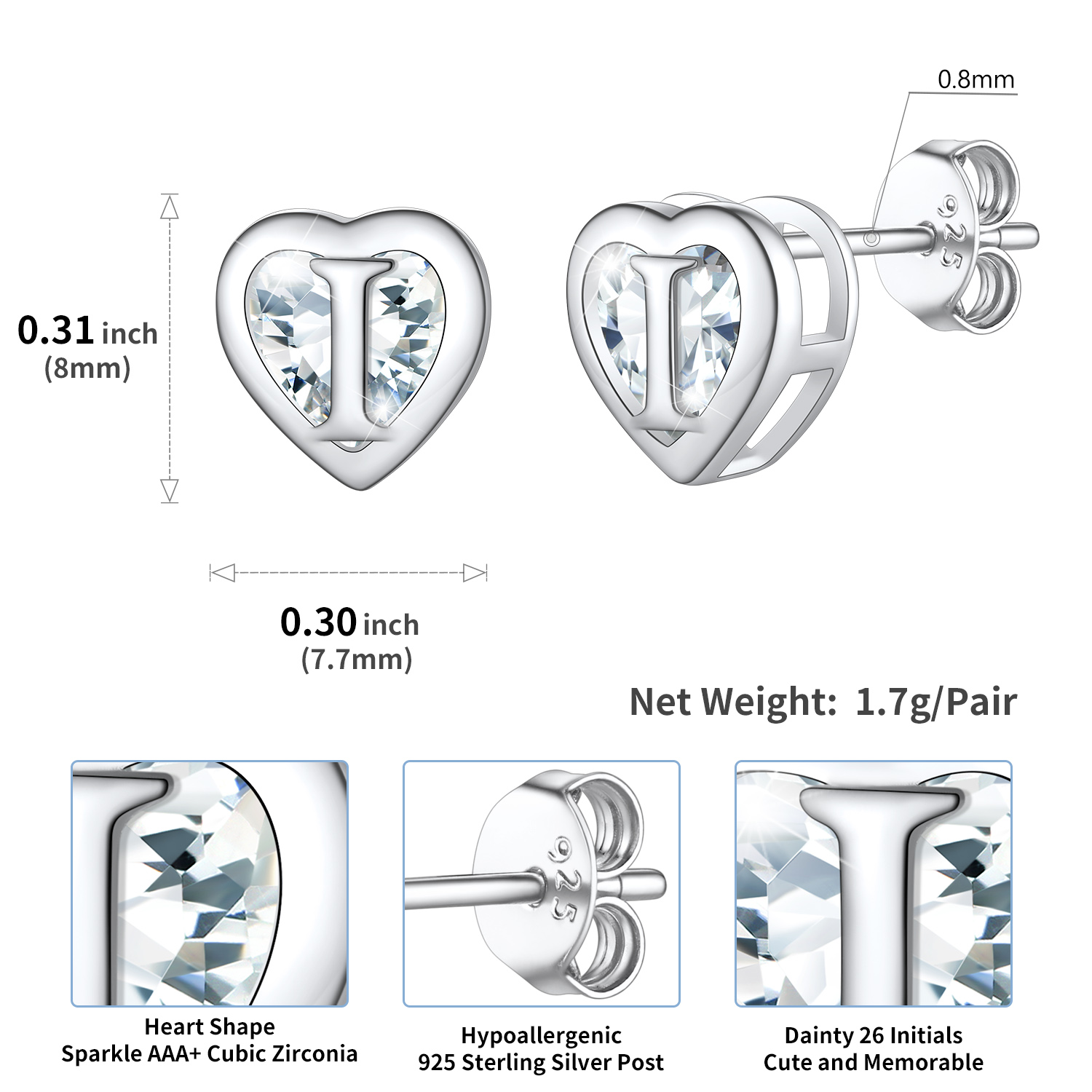 Sterling Silver ChicSilver Love Heart Initial Cubic Zirconia Stud Earrings Details: Dimensions, Hypoallergenic, Push Back Finding