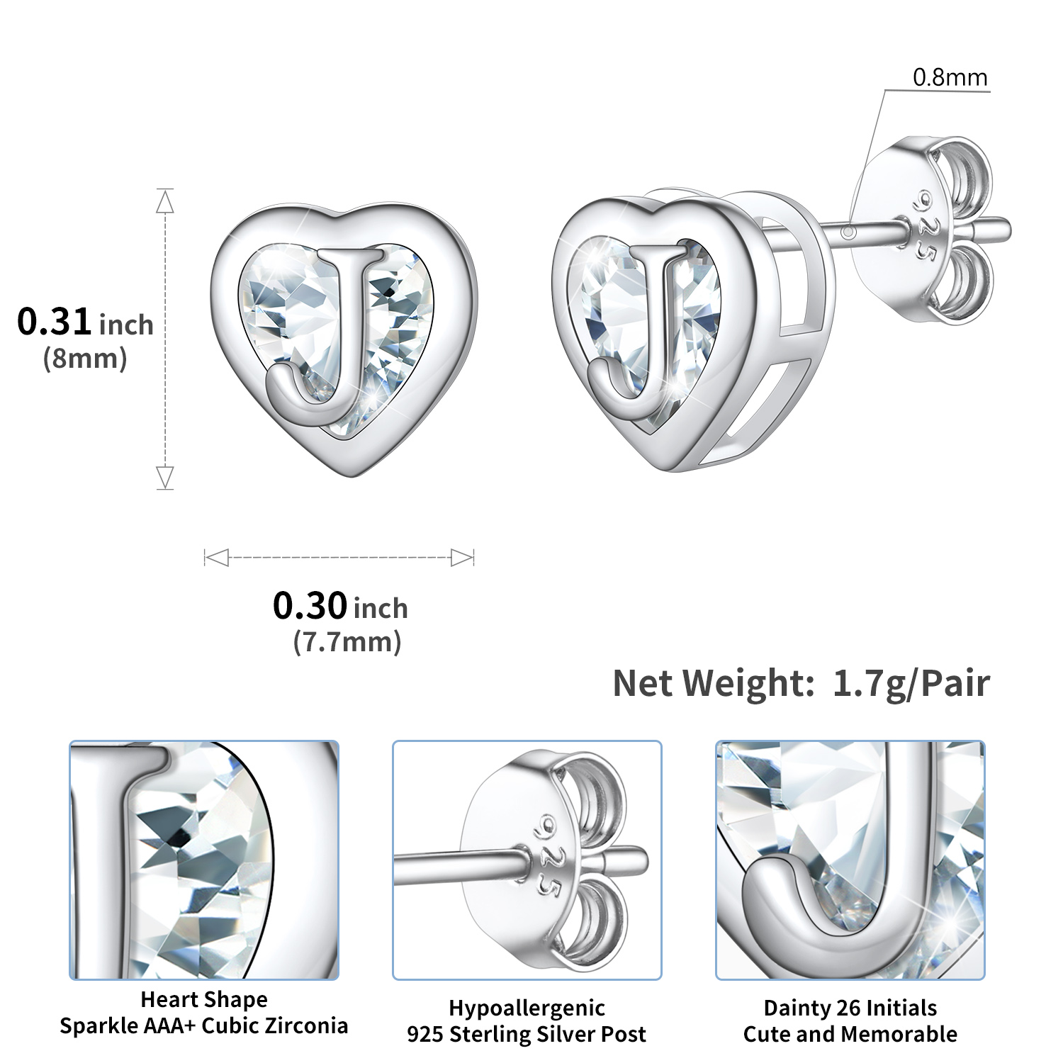 Sterling Silver ChicSilver Love Heart Initial Cubic Zirconia Stud Earrings Details: Dimensions, Hypoallergenic, Push Back Finding