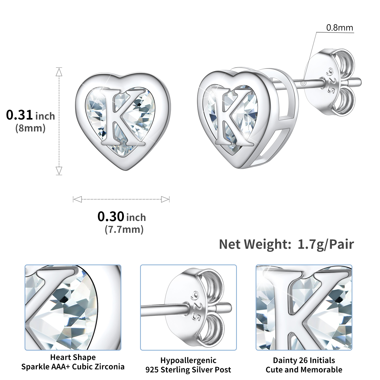 Sterling Silver ChicSilver Love Heart Initial Cubic Zirconia Stud Earrings Details: Dimensions, Hypoallergenic, Push Back Finding