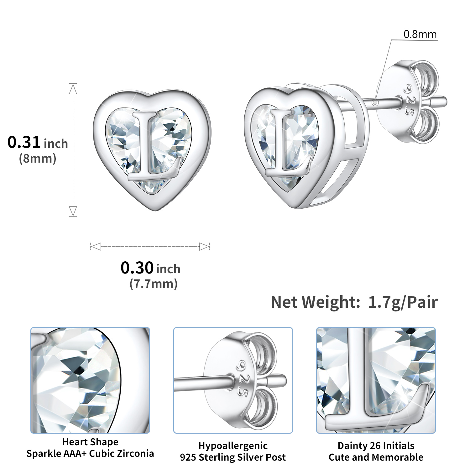 Sterling Silver ChicSilver Love Heart Initial Cubic Zirconia Stud Earrings Details: Dimensions, Hypoallergenic, Push Back Finding