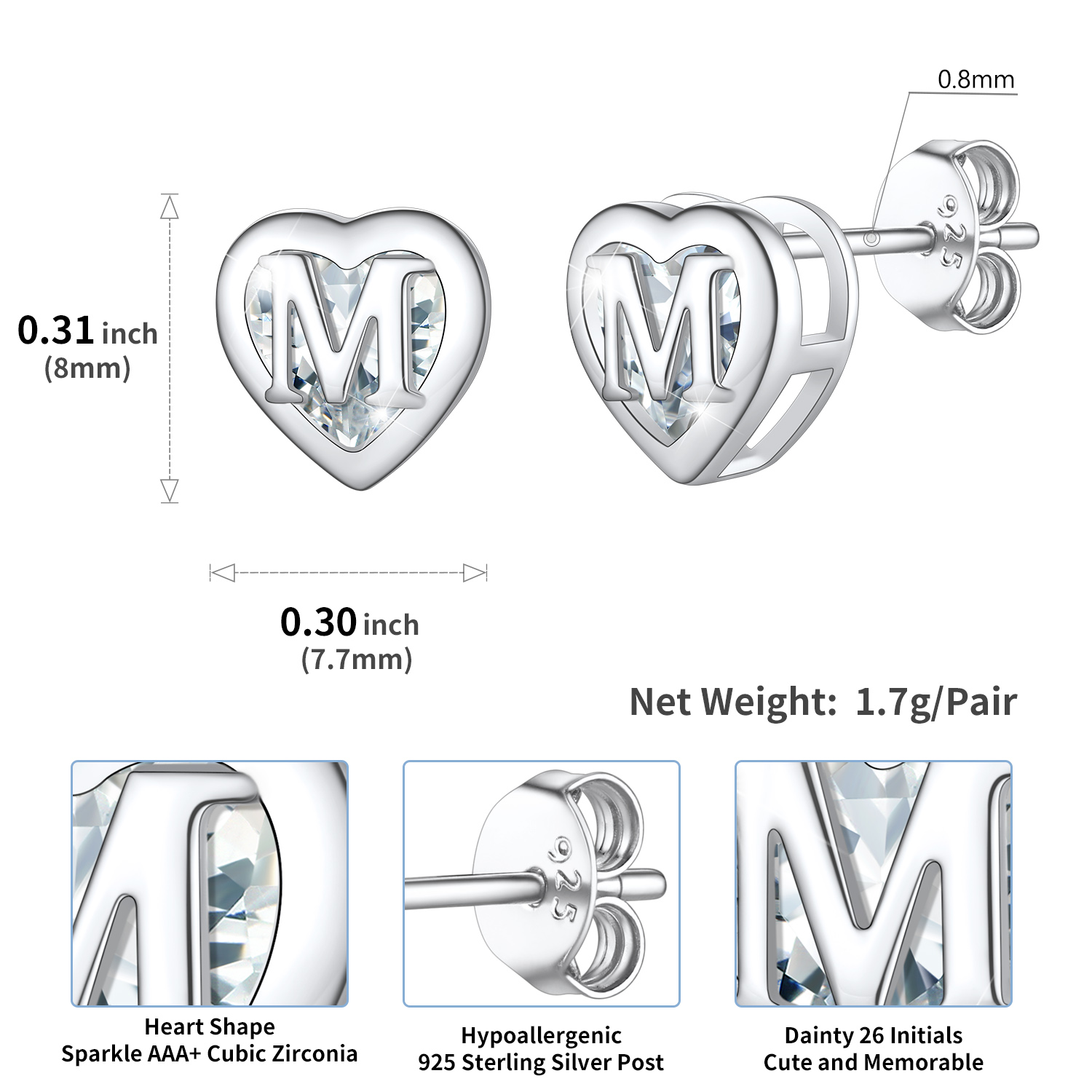 Sterling Silver ChicSilver Love Heart Initial Cubic Zirconia Stud Earrings Details: Dimensions, Hypoallergenic, Push Back Finding