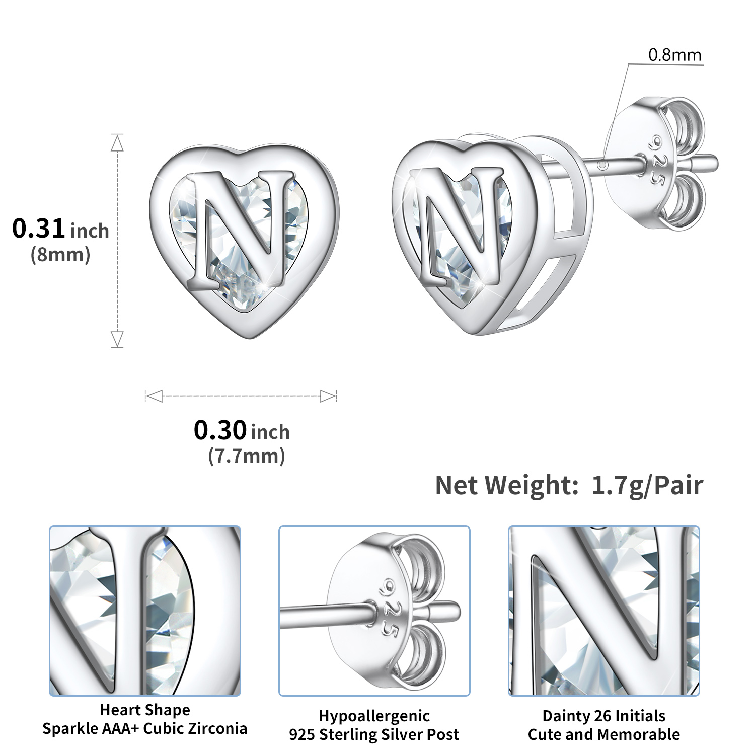 Sterling Silver ChicSilver Love Heart Initial Cubic Zirconia Stud Earrings Details: Dimensions, Hypoallergenic, Push Back Finding
