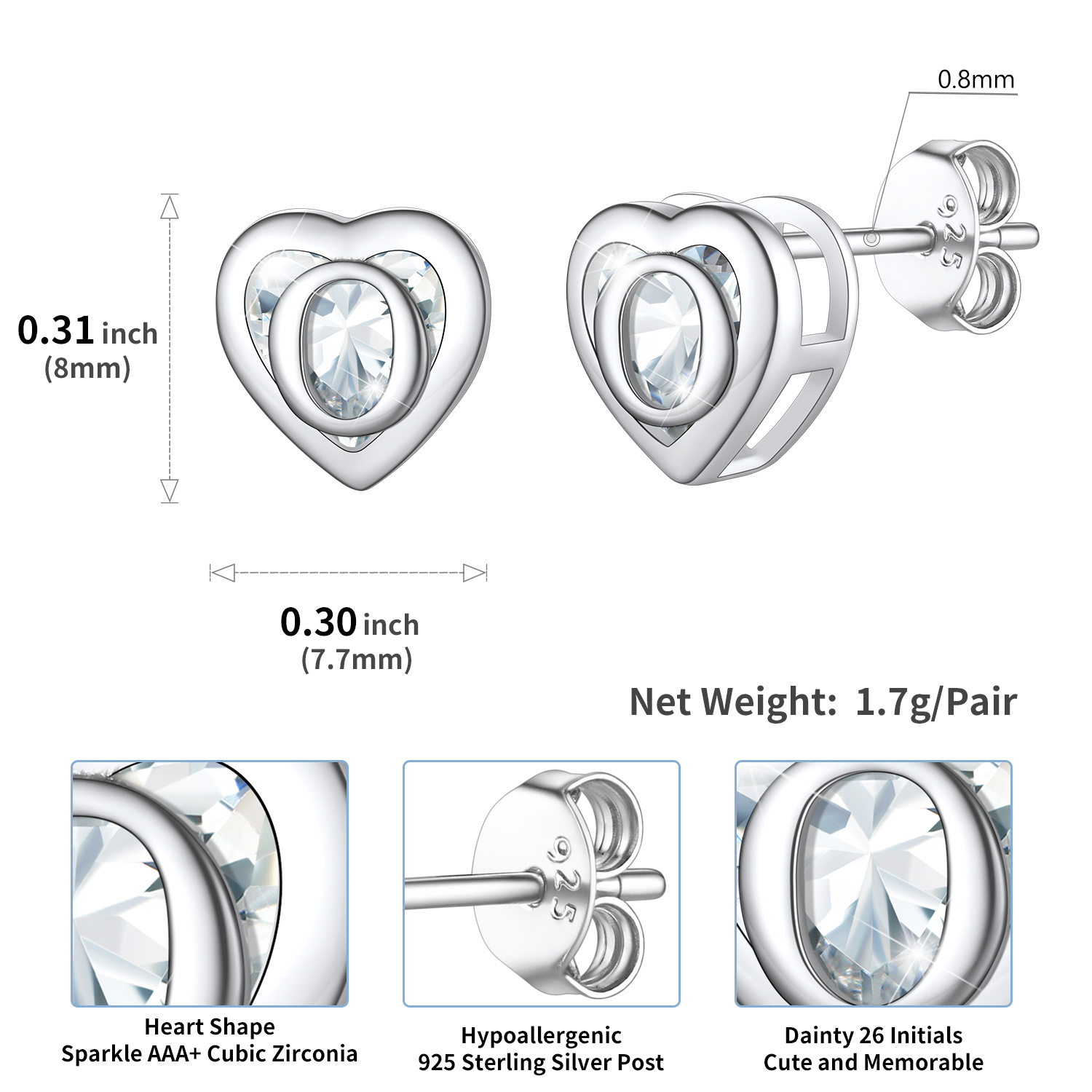Sterling Silver ChicSilver Love Heart Initial Cubic Zirconia Stud Earrings Details: Dimensions, Hypoallergenic, Push Back Finding