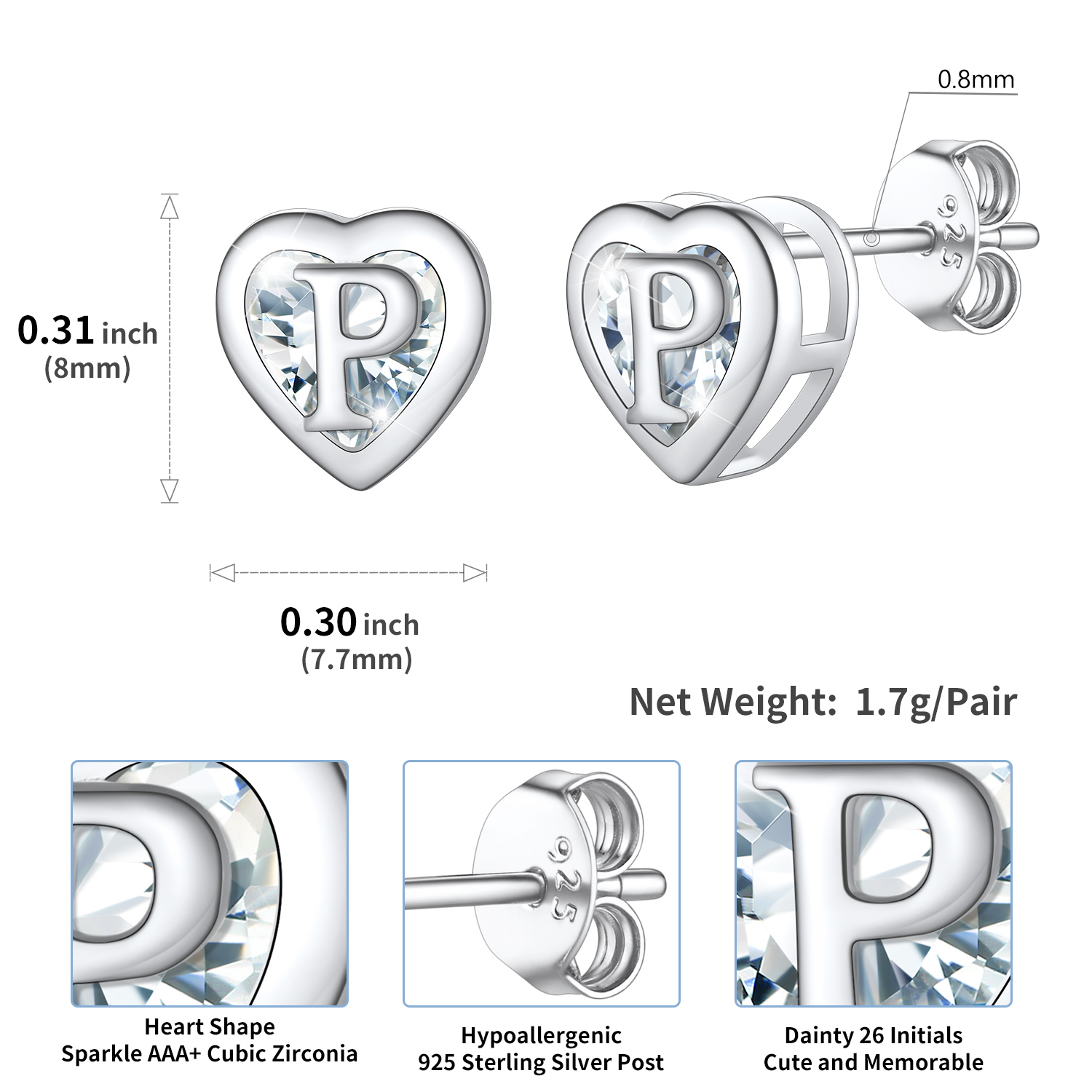 Sterling Silver ChicSilver Love Heart Initial Cubic Zirconia Stud Earrings Details: Dimensions, Hypoallergenic, Push Back Finding
