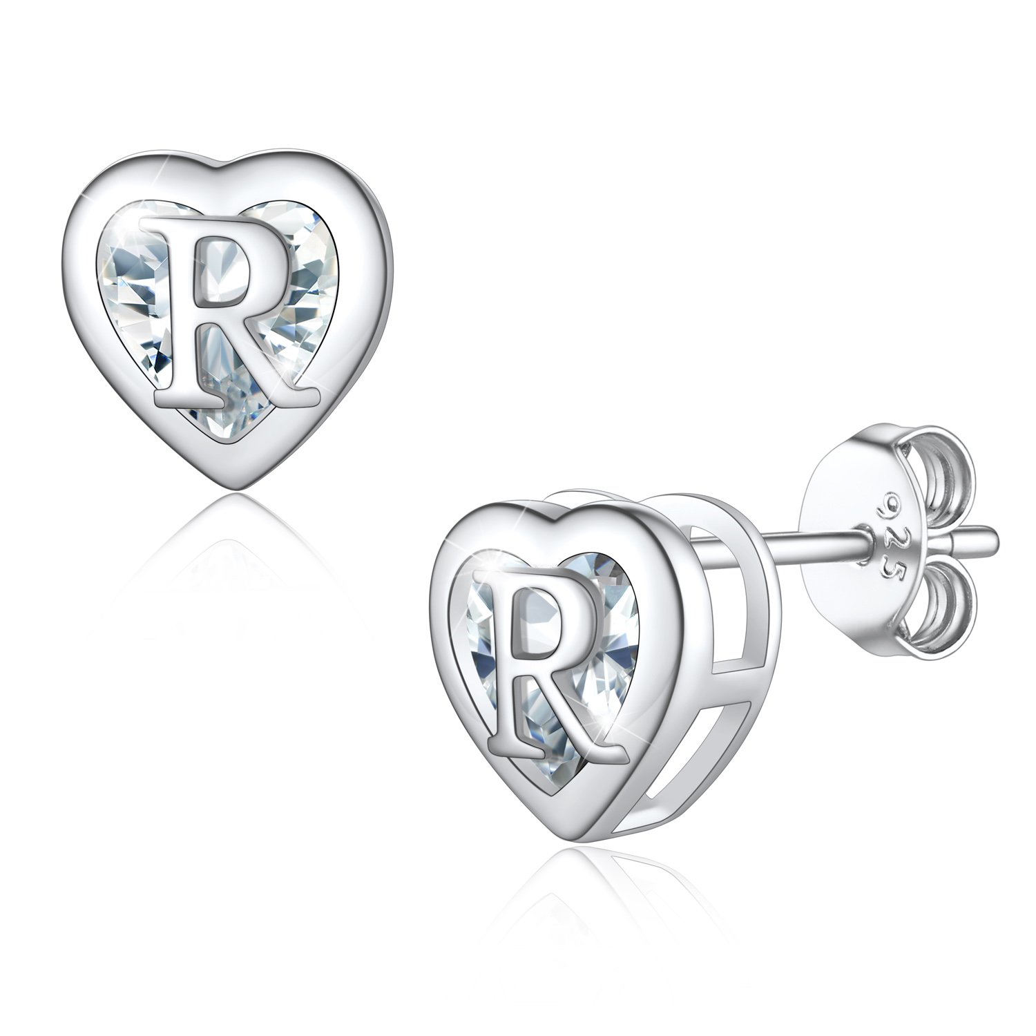 Love Heart Initial Cubic Zirconia Stud Earrings