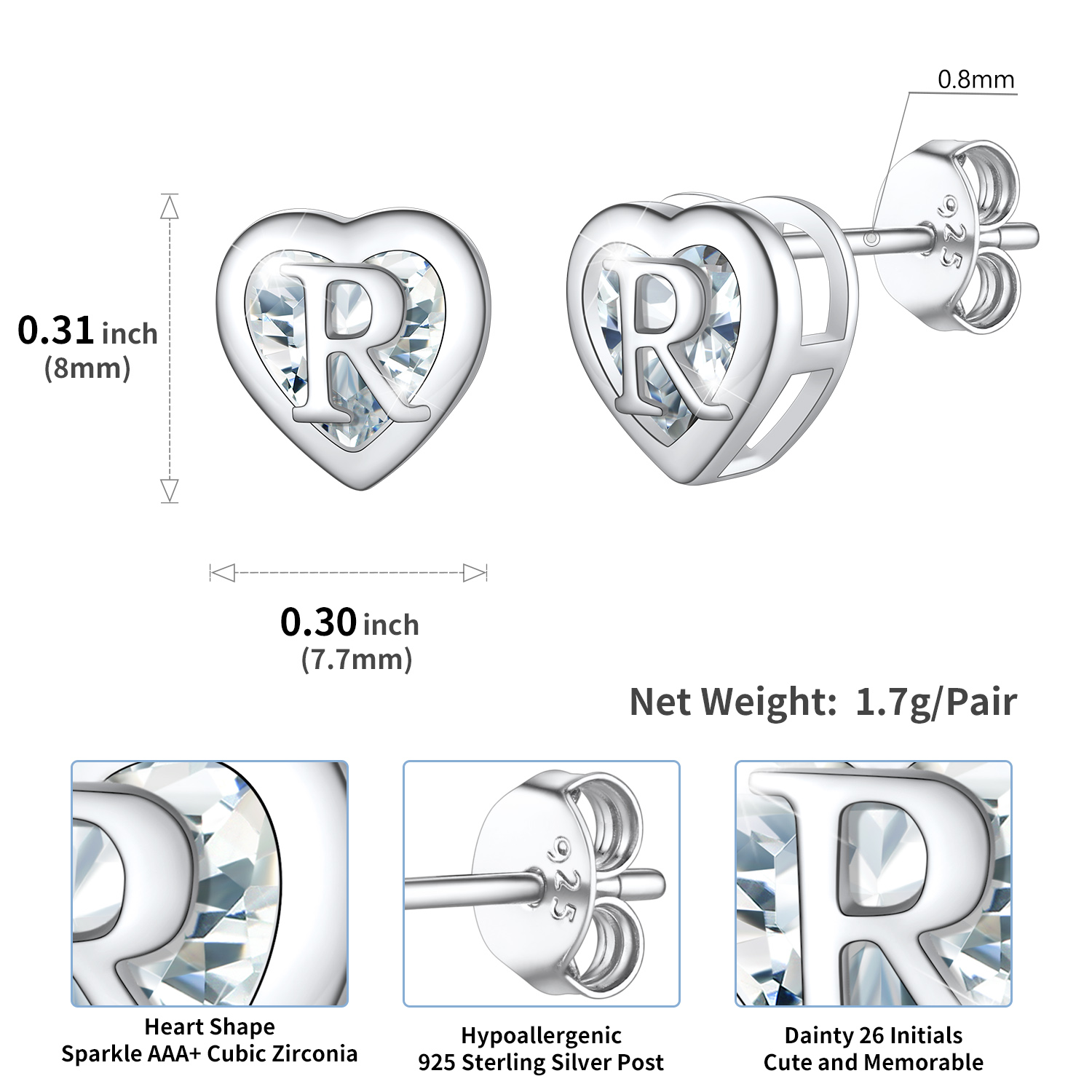 Sterling Silver ChicSilver Love Heart Initial Cubic Zirconia Stud Earrings Details: Dimensions, Hypoallergenic, Push Back Finding