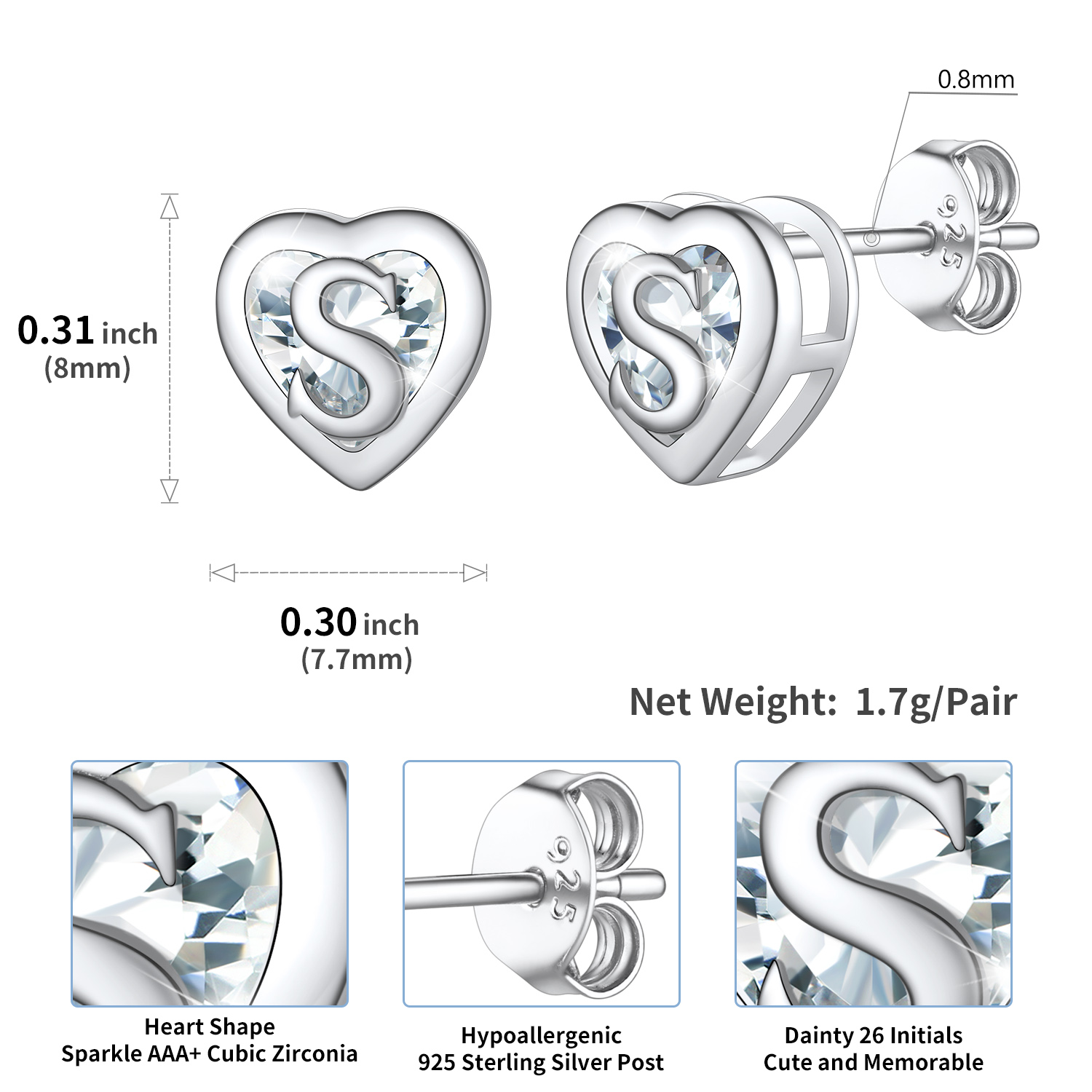 Sterling Silver ChicSilver Love Heart Initial Cubic Zirconia Stud Earrings Details: Dimensions, Hypoallergenic, Push Back Finding