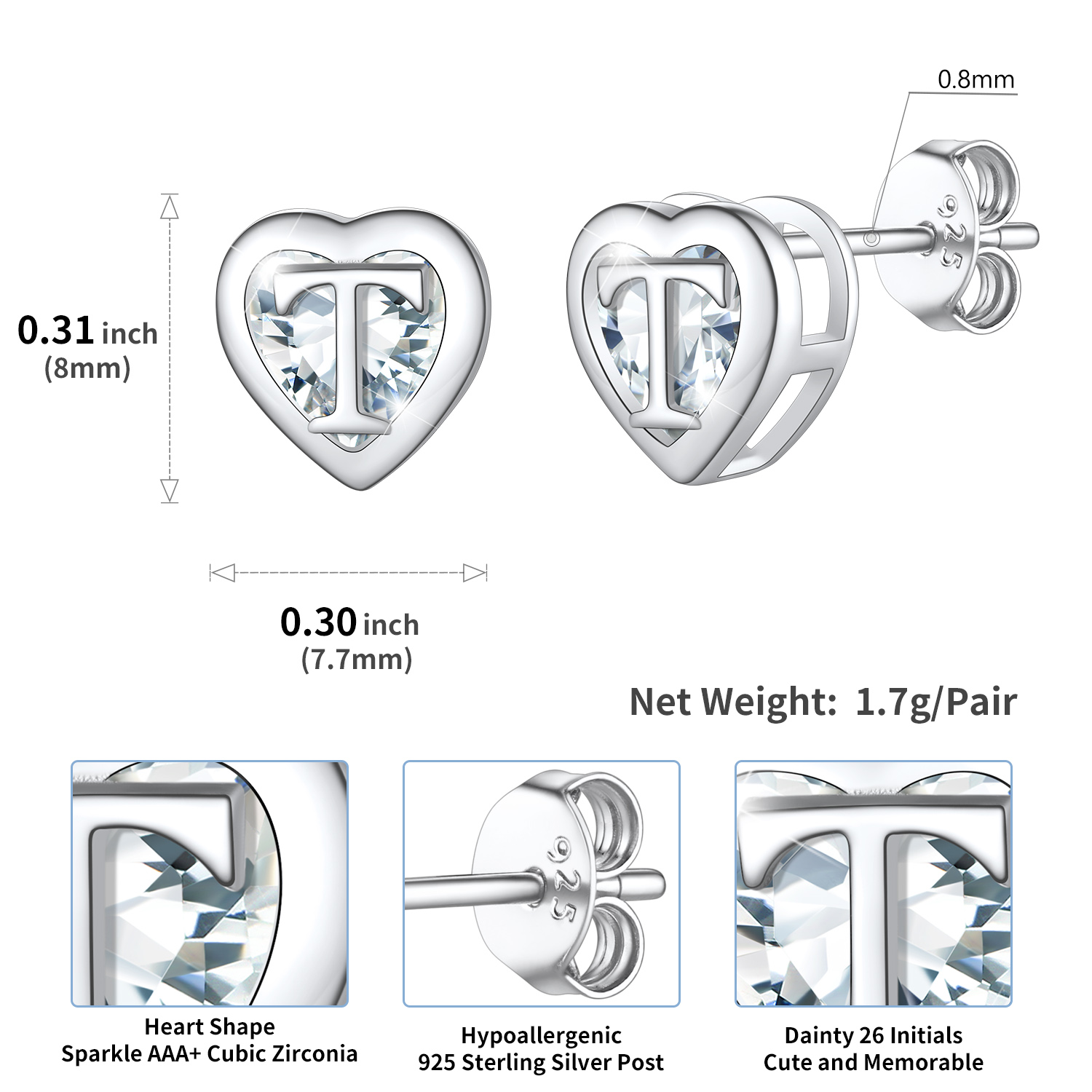 Sterling Silver ChicSilver Love Heart Initial Cubic Zirconia Stud Earrings Details: Dimensions, Hypoallergenic, Push Back Finding