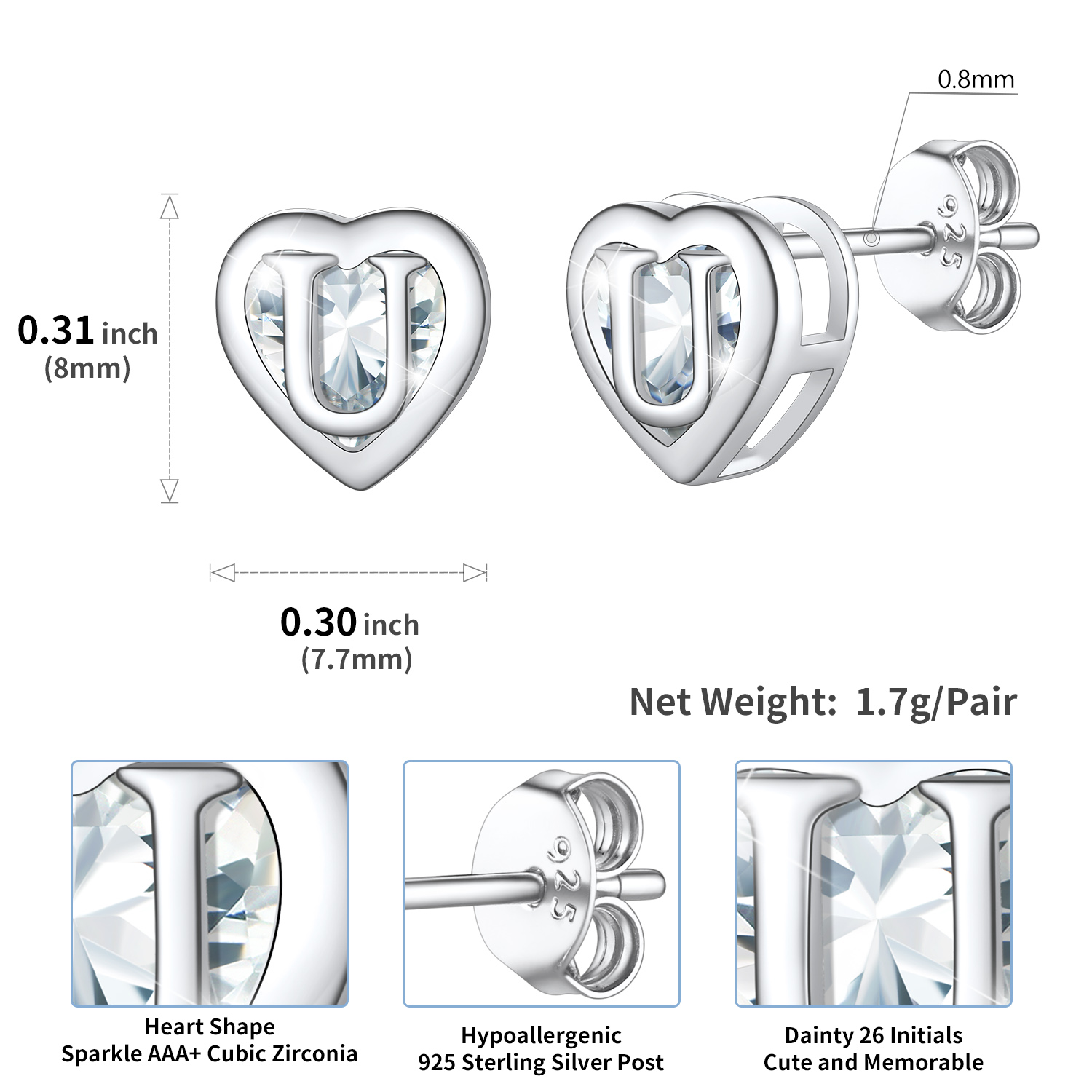 Sterling Silver ChicSilver Love Heart Initial Cubic Zirconia Stud Earrings Details: Dimensions, Hypoallergenic, Push Back Finding