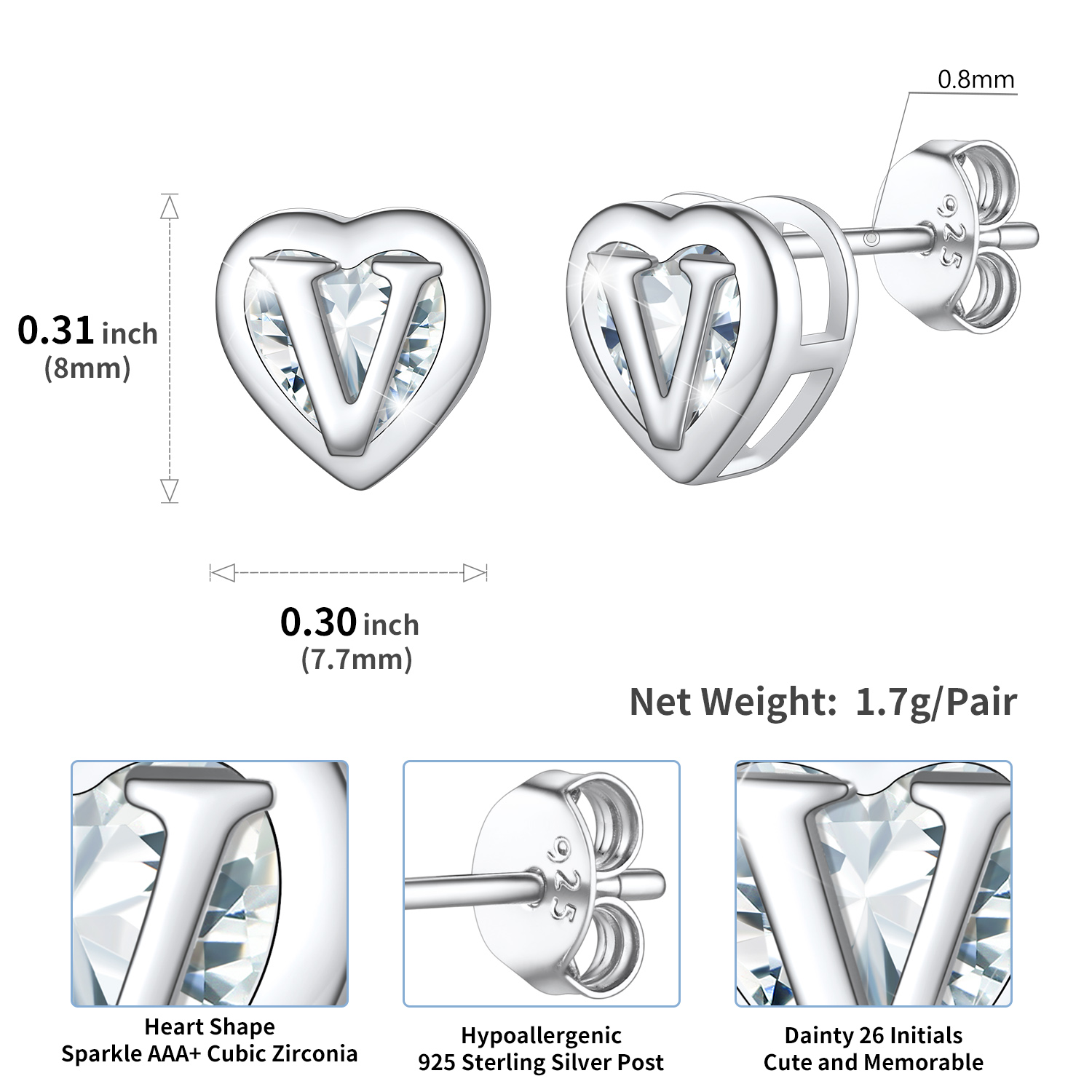 Sterling Silver ChicSilver Love Heart Initial Cubic Zirconia Stud Earrings Details: Dimensions, Hypoallergenic, Push Back Finding
