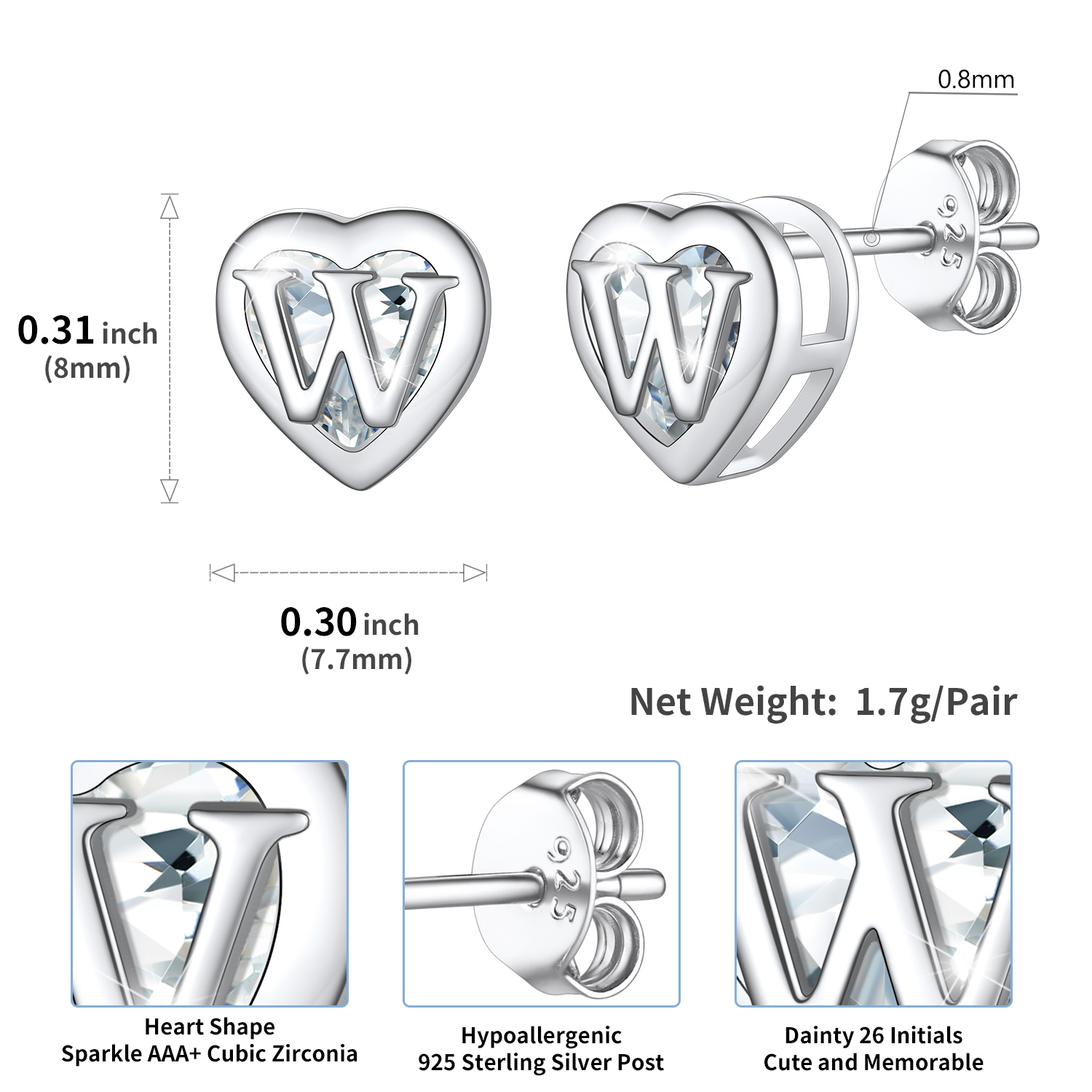Sterling Silver ChicSilver Love Heart Initial Cubic Zirconia Stud Earrings Details: Dimensions, Hypoallergenic, Push Back Finding