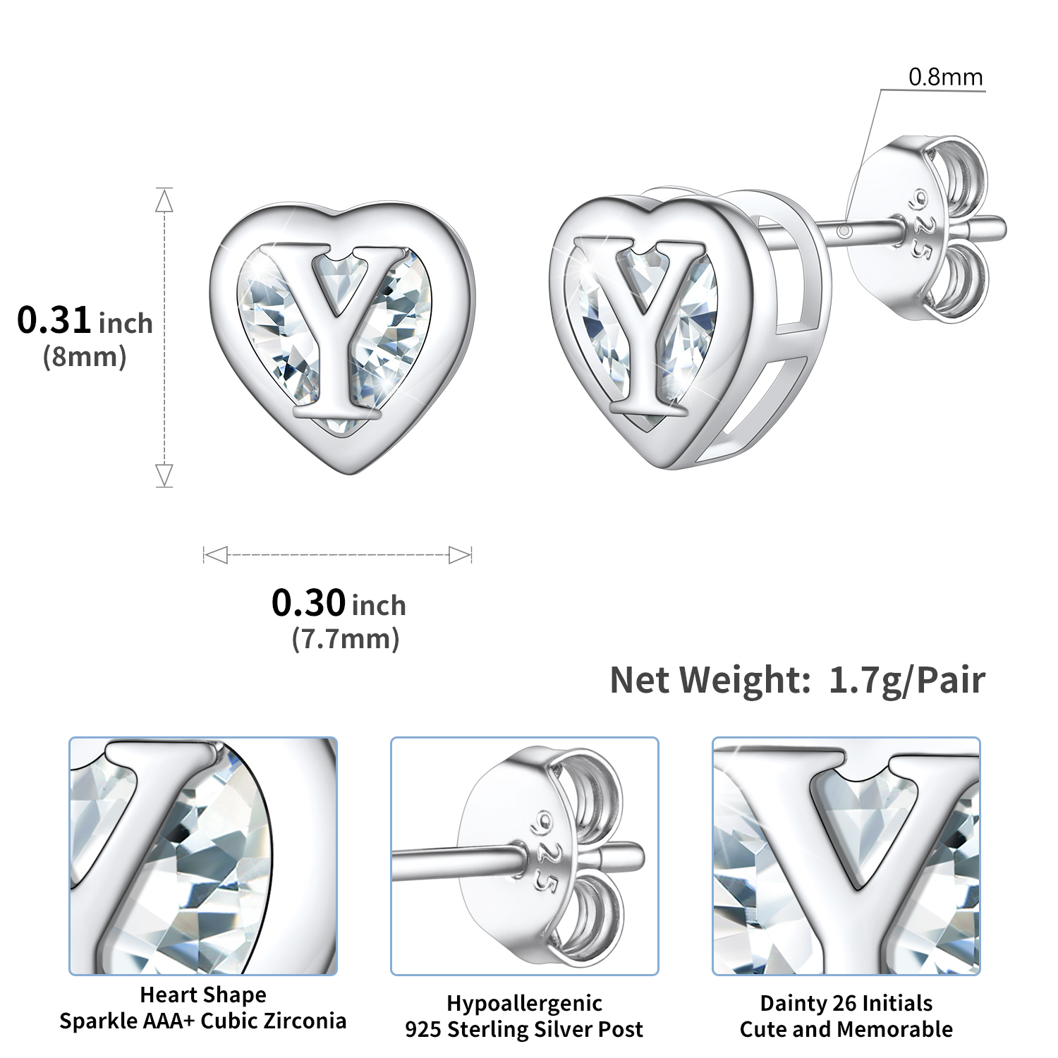 Sterling Silver ChicSilver Love Heart Initial Cubic Zirconia Stud Earrings Details: Dimensions, Hypoallergenic, Push Back Finding