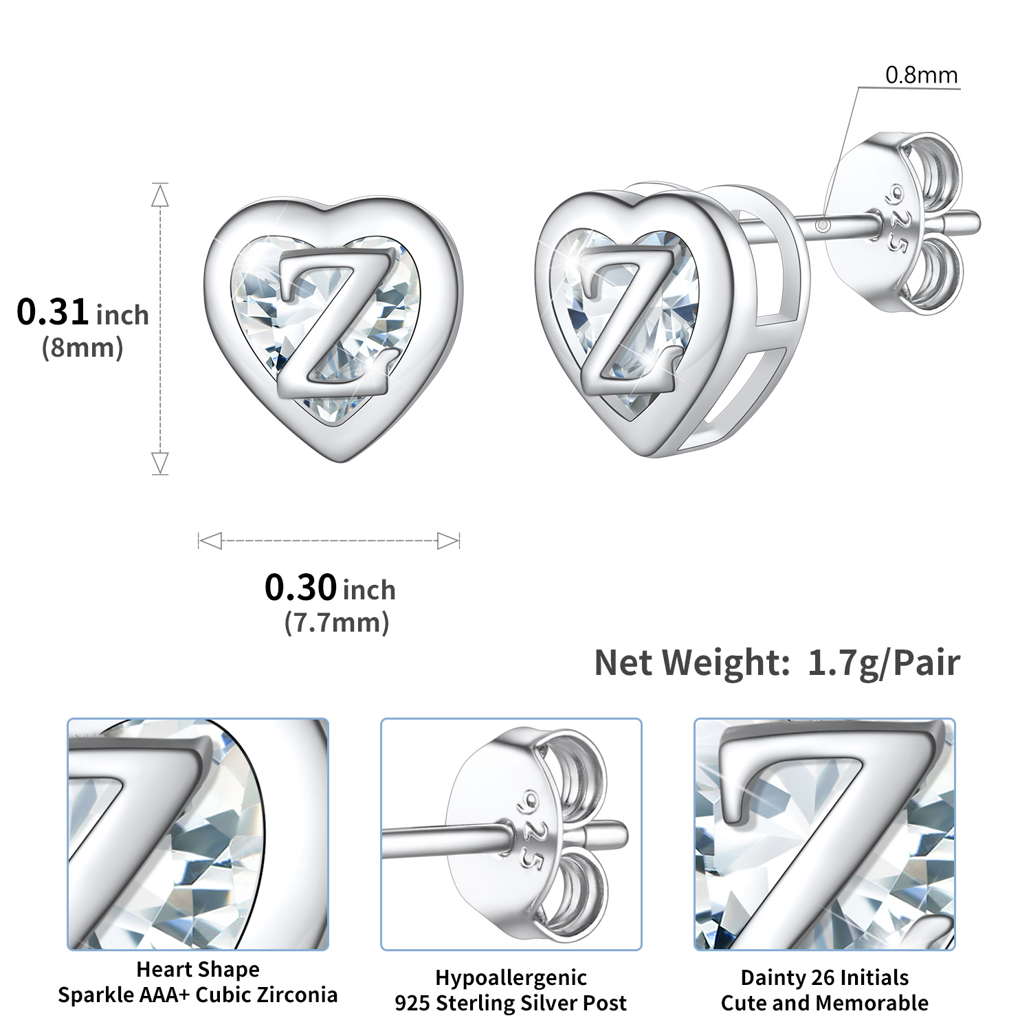Sterling Silver ChicSilver Love Heart Initial Cubic Zirconia Stud Earrings Details: Dimensions, Hypoallergenic, Push Back Finding