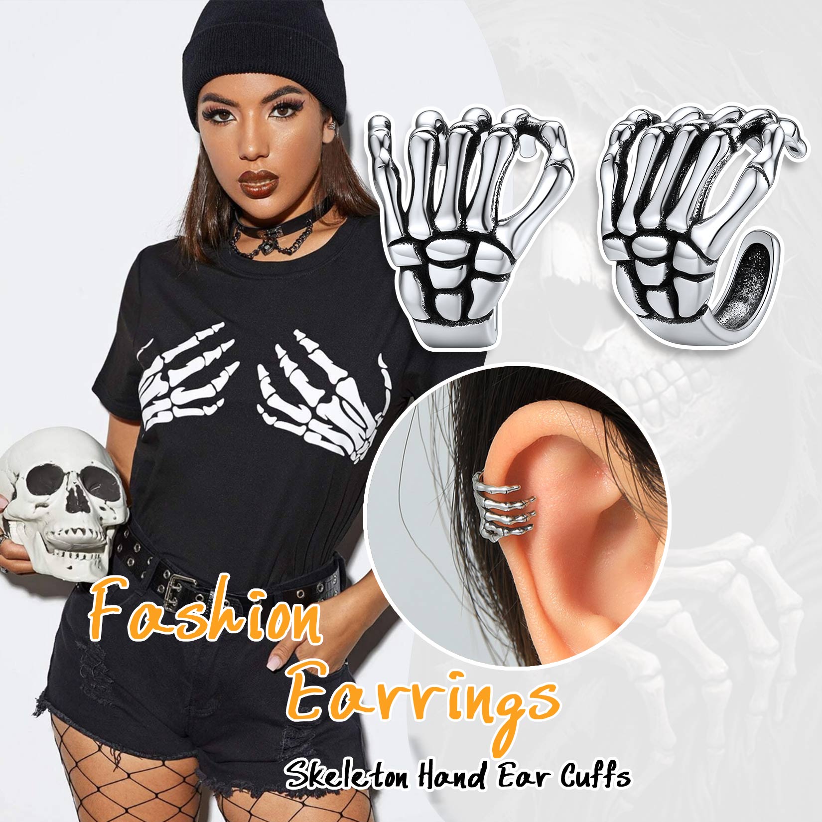 Sterling Silver ChicSilver Skull hand cuff Earrings