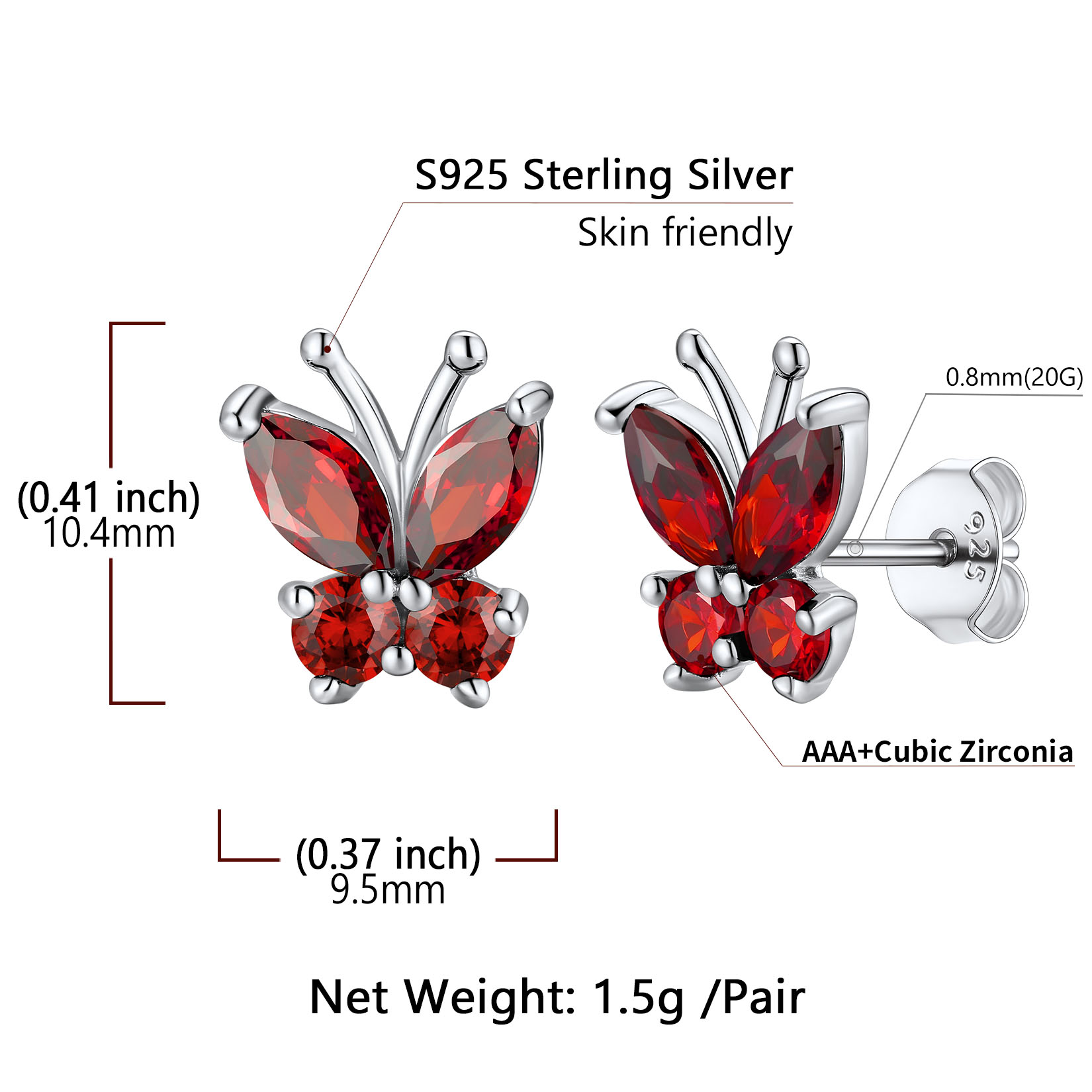 Sterling Silver Butterfly Birthstone Stud Earring Details: Dimensions, Hypoallergenic, Push Back Finding