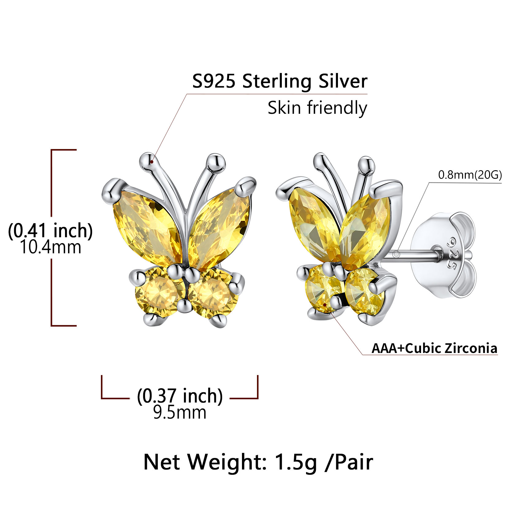 Sterling Silver Butterfly Birthstone Stud Earring Details: Dimensions, Hypoallergenic, Push Back Finding