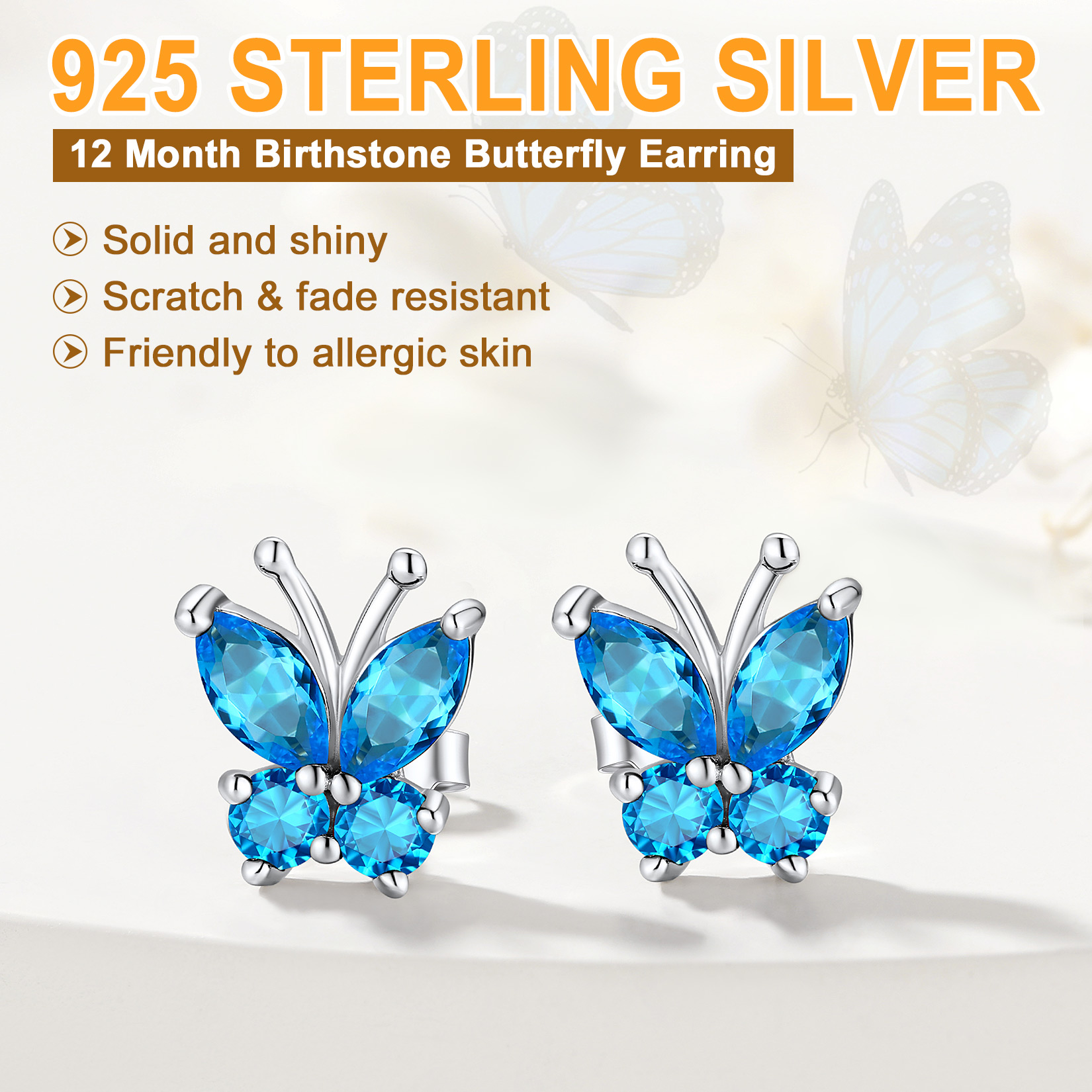 Sterling Silver Butterfly Birthstone Stud Earring