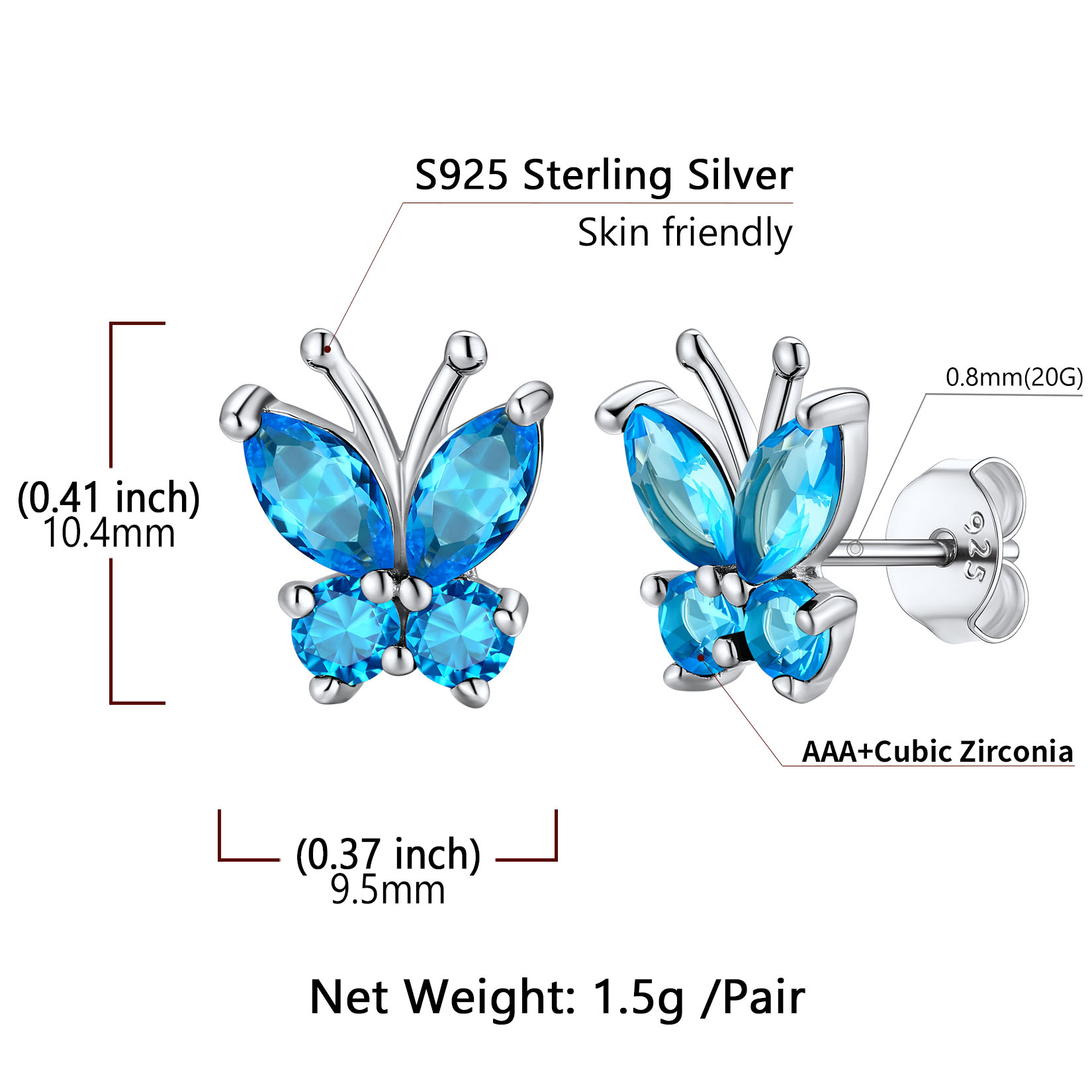 Sterling Silver Butterfly Birthstone Stud Earring Details: Dimensions, Hypoallergenic, Push Back Finding