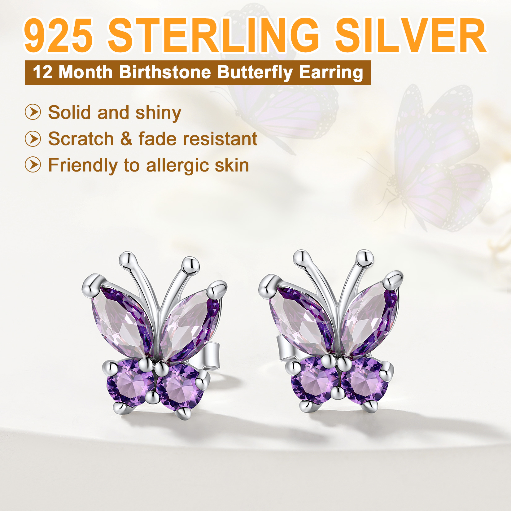 Sterling Silver Butterfly Birthstone Stud Earring