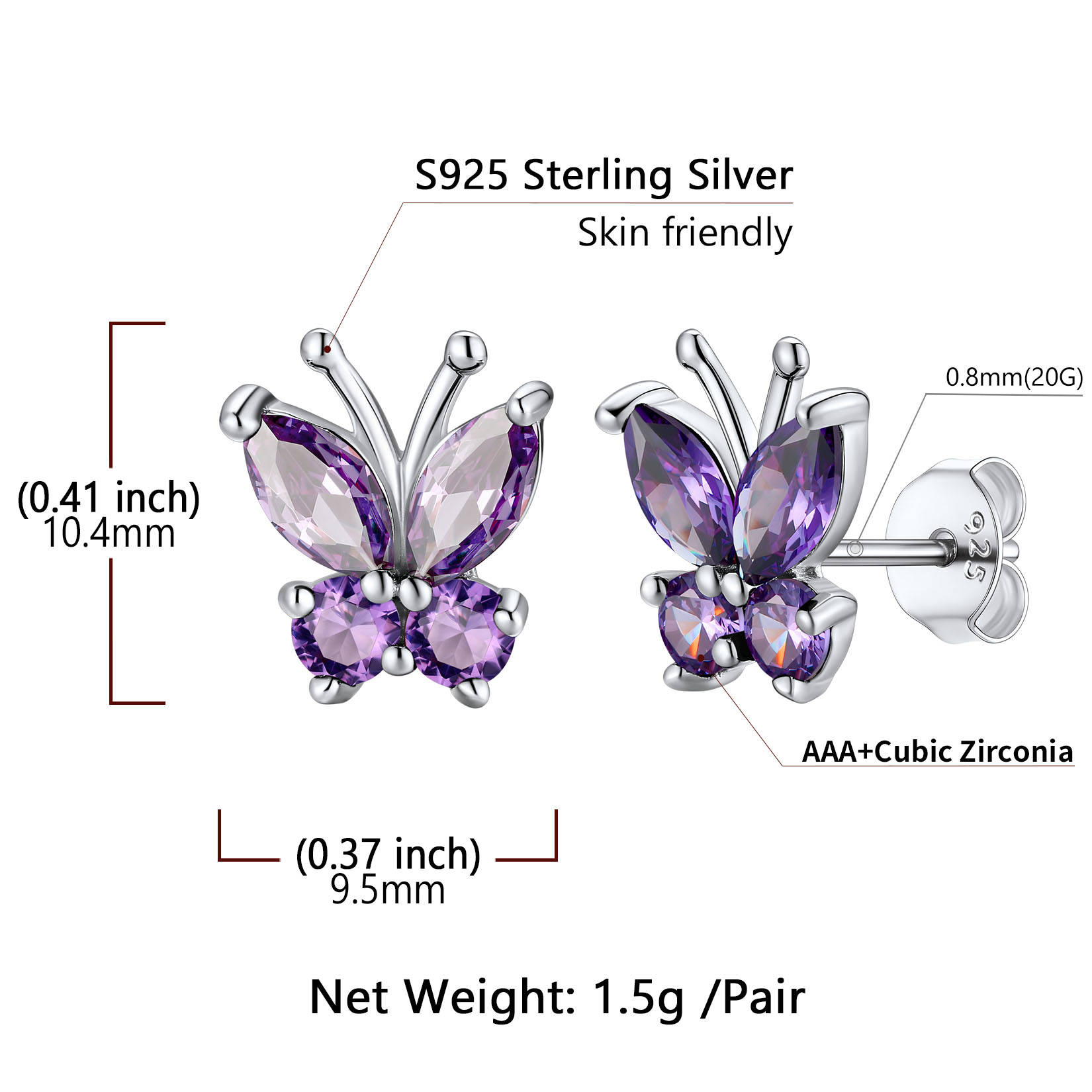 Sterling Silver Butterfly Birthstone Stud Earring Details: Dimensions, Hypoallergenic, Push Back Finding