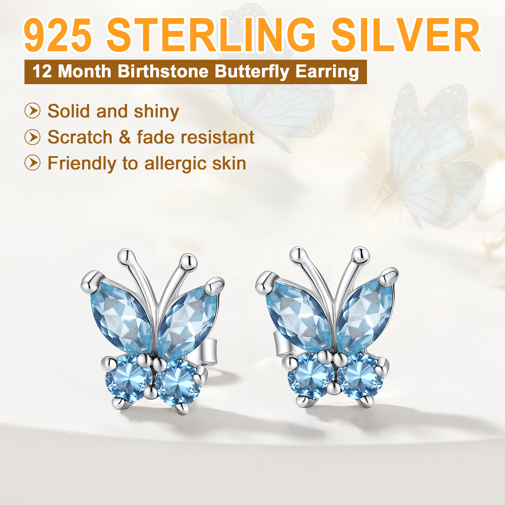 Sterling Silver Butterfly Birthstone Stud Earring