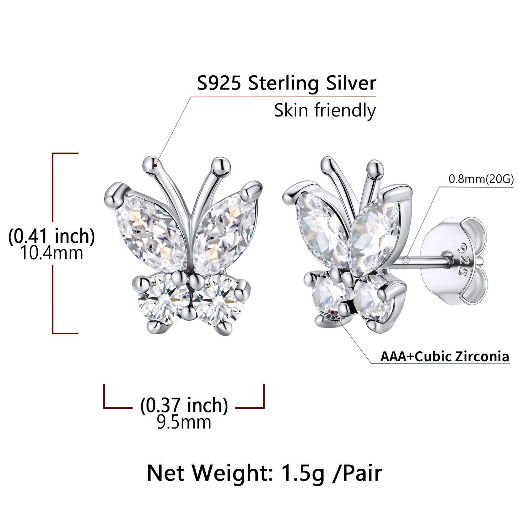 Sterling Silver Butterfly Birthstone Stud Earring Details: Dimensions, Hypoallergenic, Push Back Finding