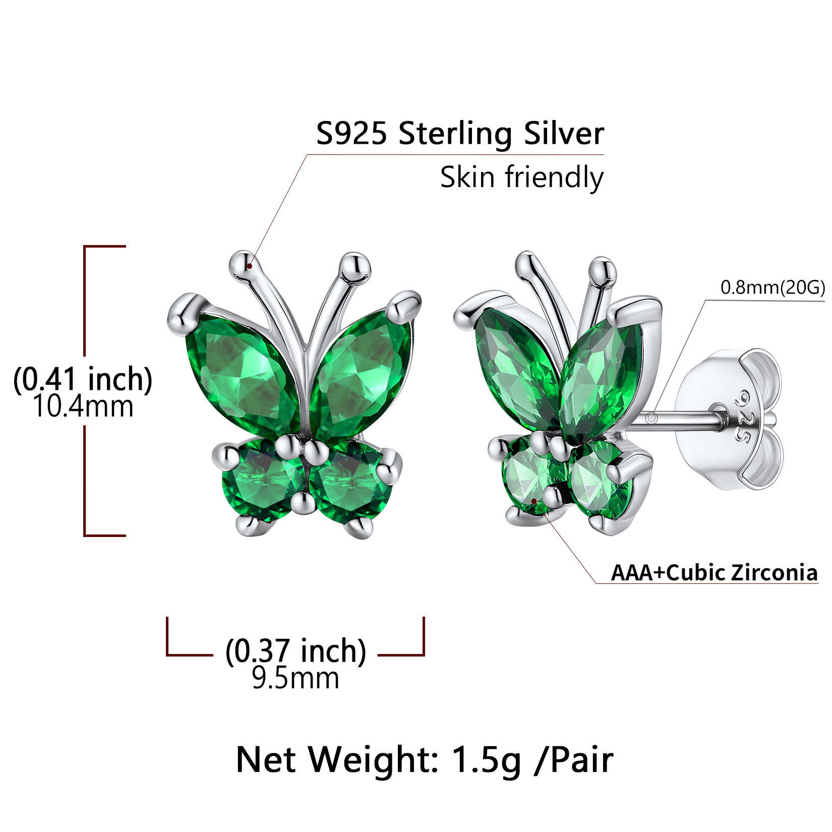 Sterling Silver Butterfly Birthstone Stud Earring Details: Dimensions, Hypoallergenic, Push Back Finding
