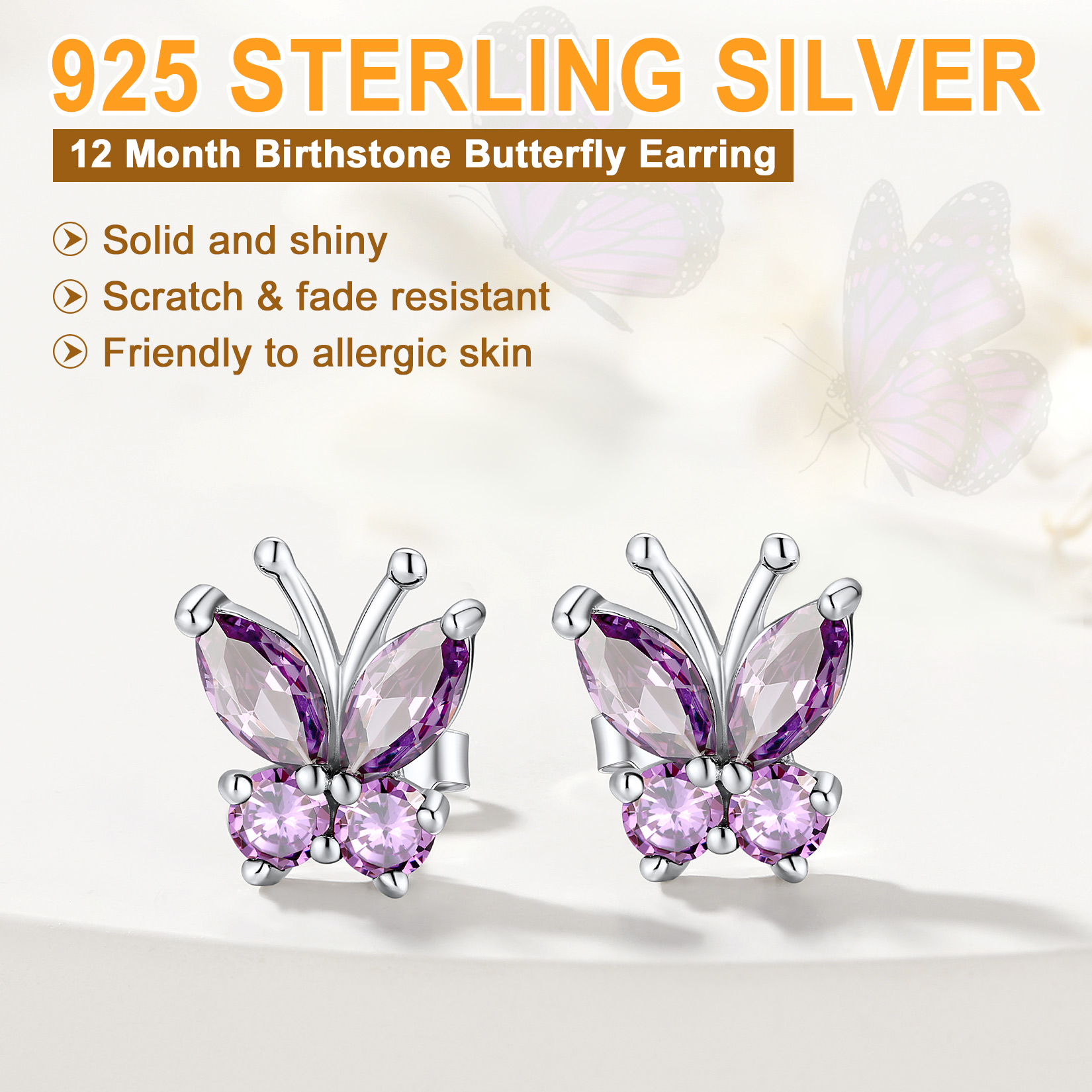 Sterling Silver Butterfly Birthstone Stud Earring