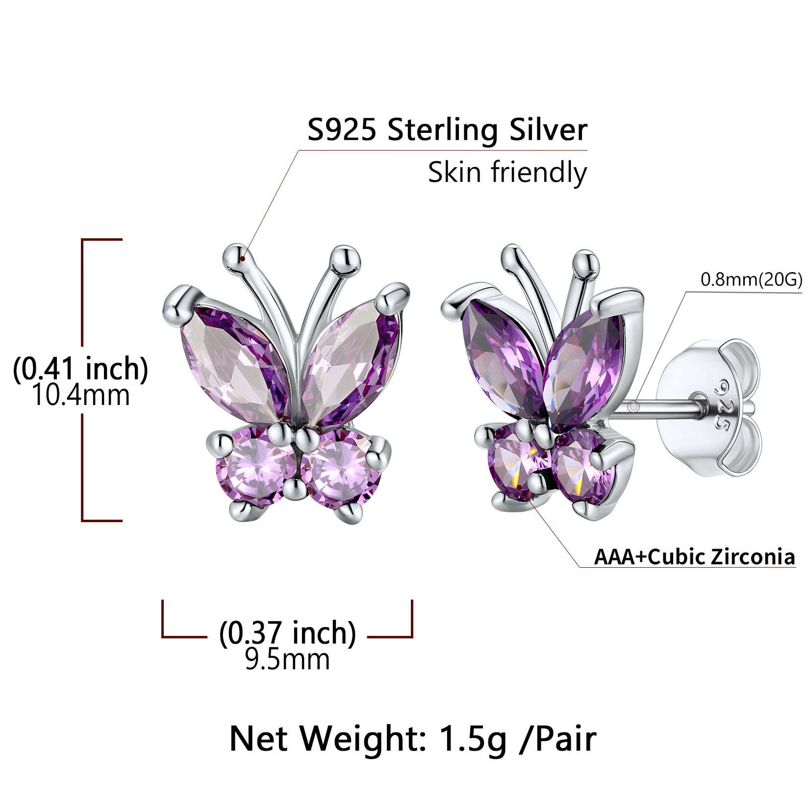 Sterling Silver Butterfly Birthstone Stud Earring Details: Dimensions, Hypoallergenic, Push Back Finding