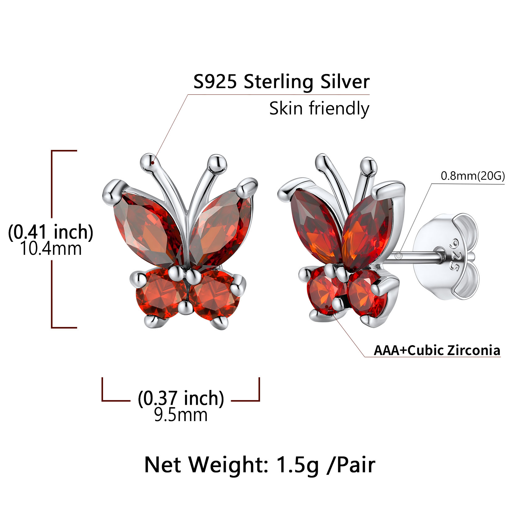 Sterling Silver Butterfly Birthstone Stud Earring Details: Dimensions, Hypoallergenic, Push Back Finding
