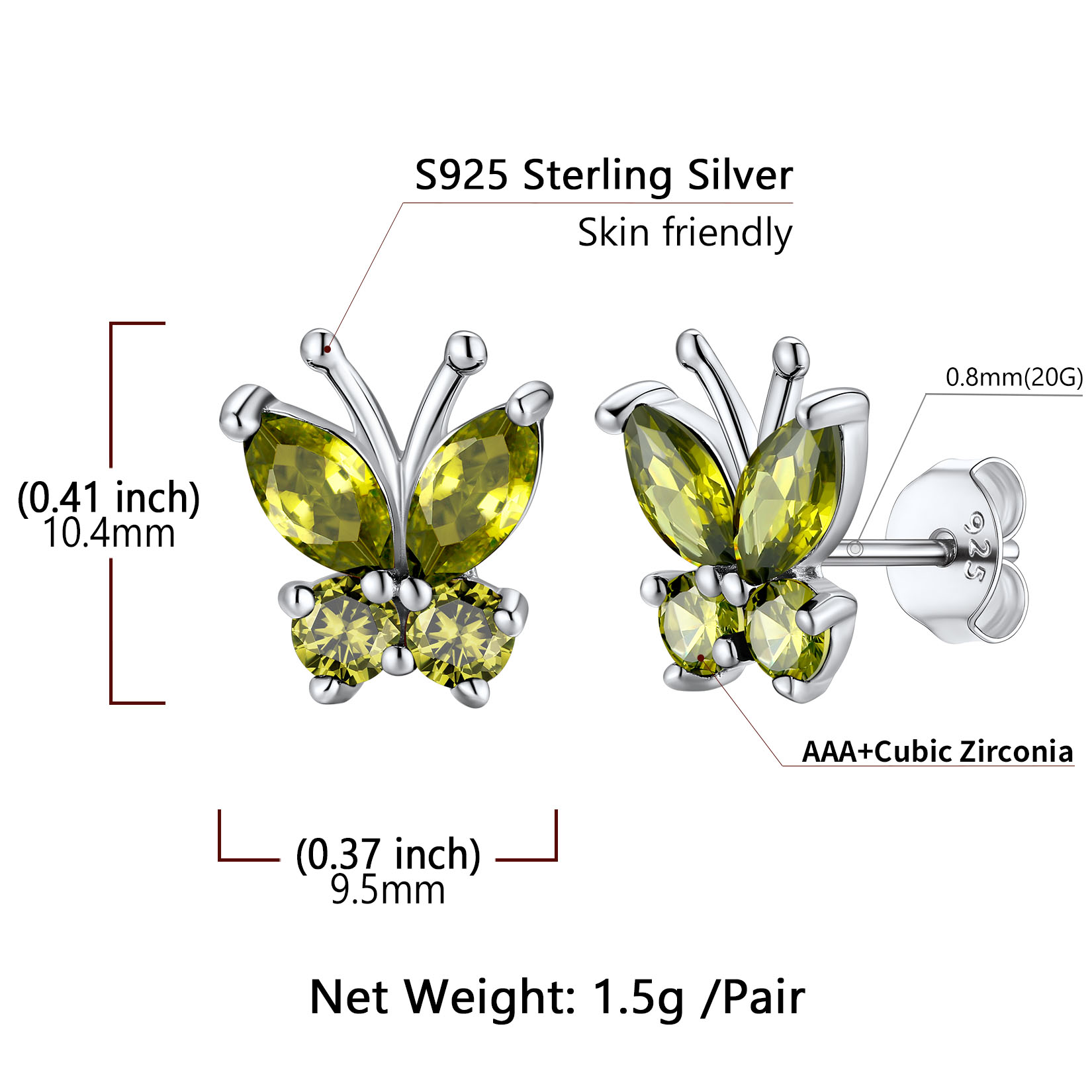Sterling Silver Butterfly Birthstone Stud Earring Details: Dimensions, Hypoallergenic, Push Back Finding