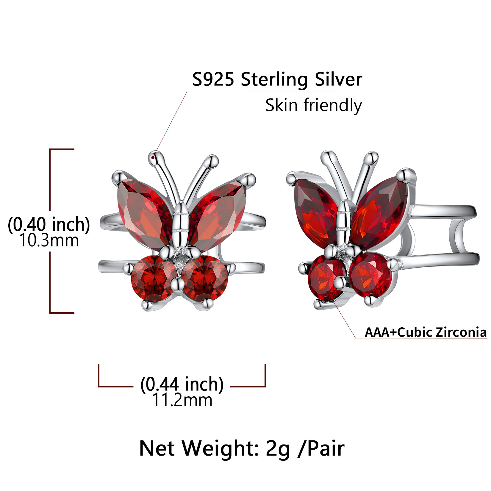 Silver Birthstone Butterfly Cuffs Clip-On Earrings For Her