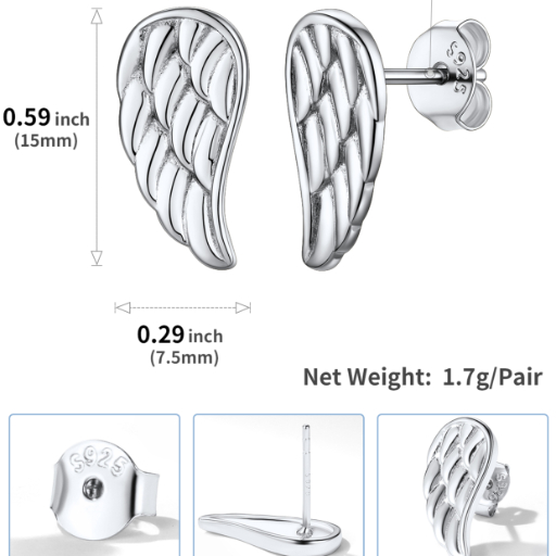 Sterling Silver Angel Wing Stud Earrings for Women