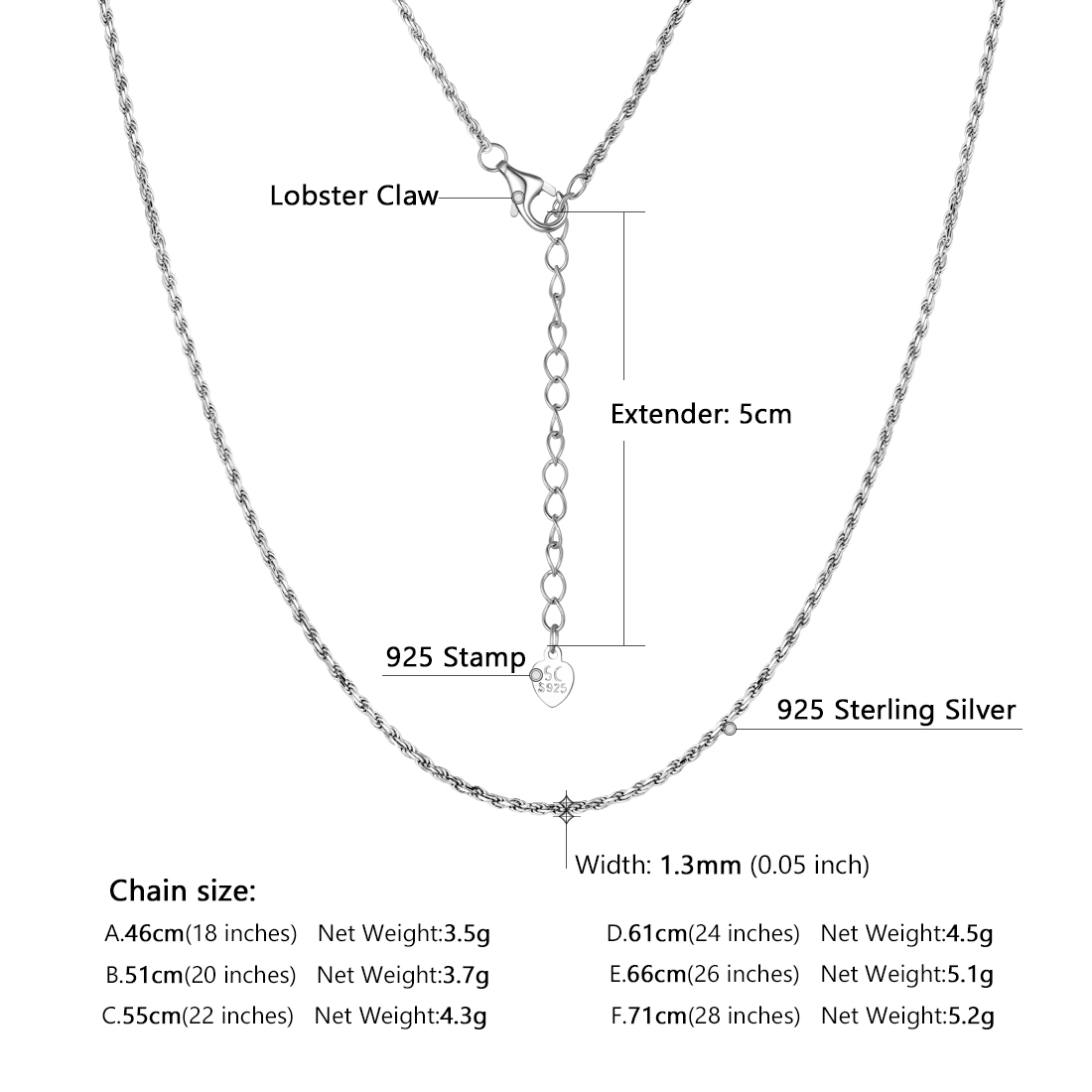 Sterling Silver 1.3mm Rope Chain Necklace for Women