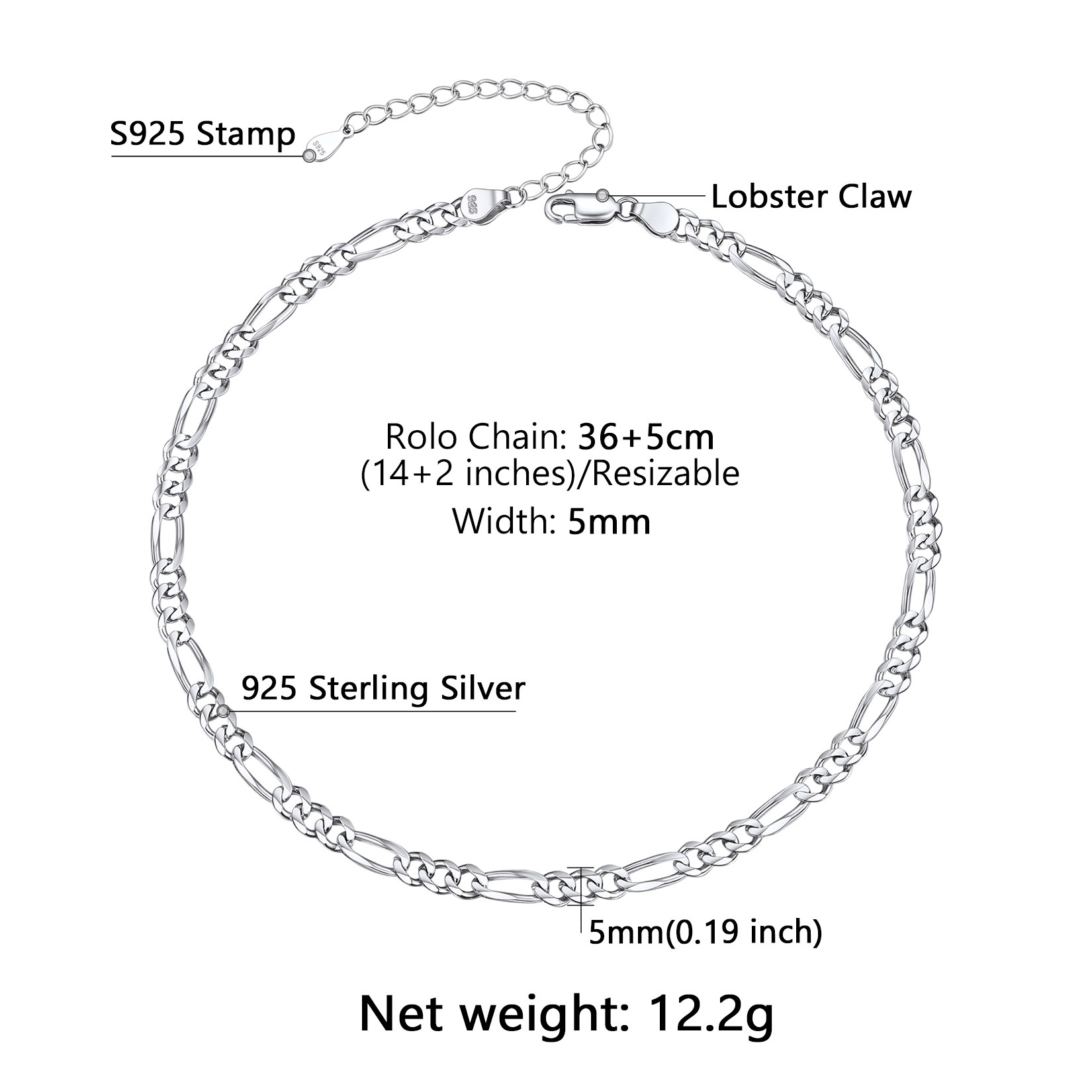  3mm-5mm Silver Figaro Chain Necklace For Women