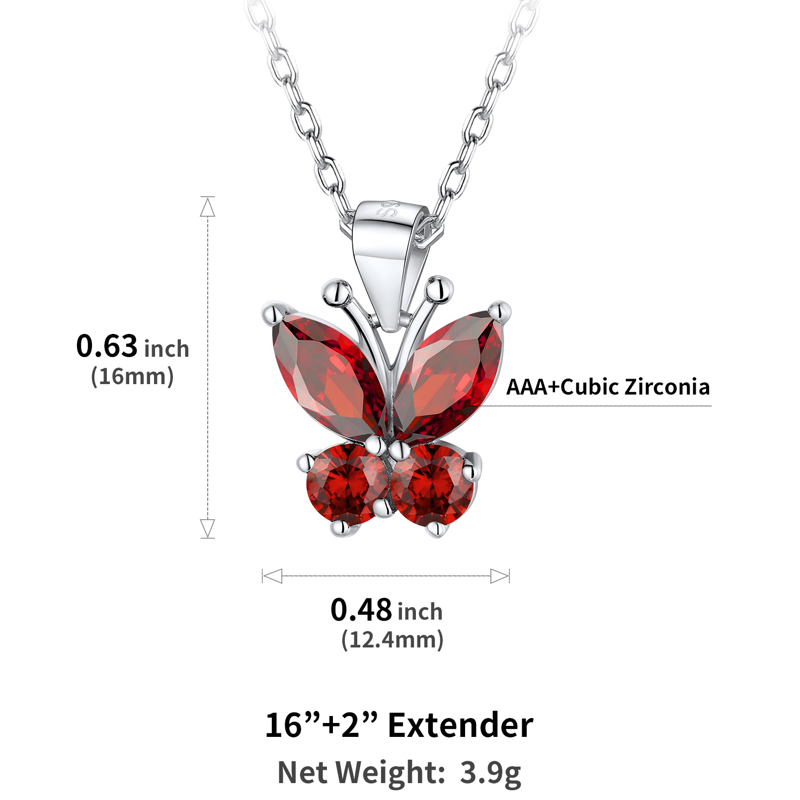 Cute Sparkle Cubic Zirconia Birthstone Butterfly Necklace Details: Dimensions, Hypoallergenic, Lobster-Claw-Clasps