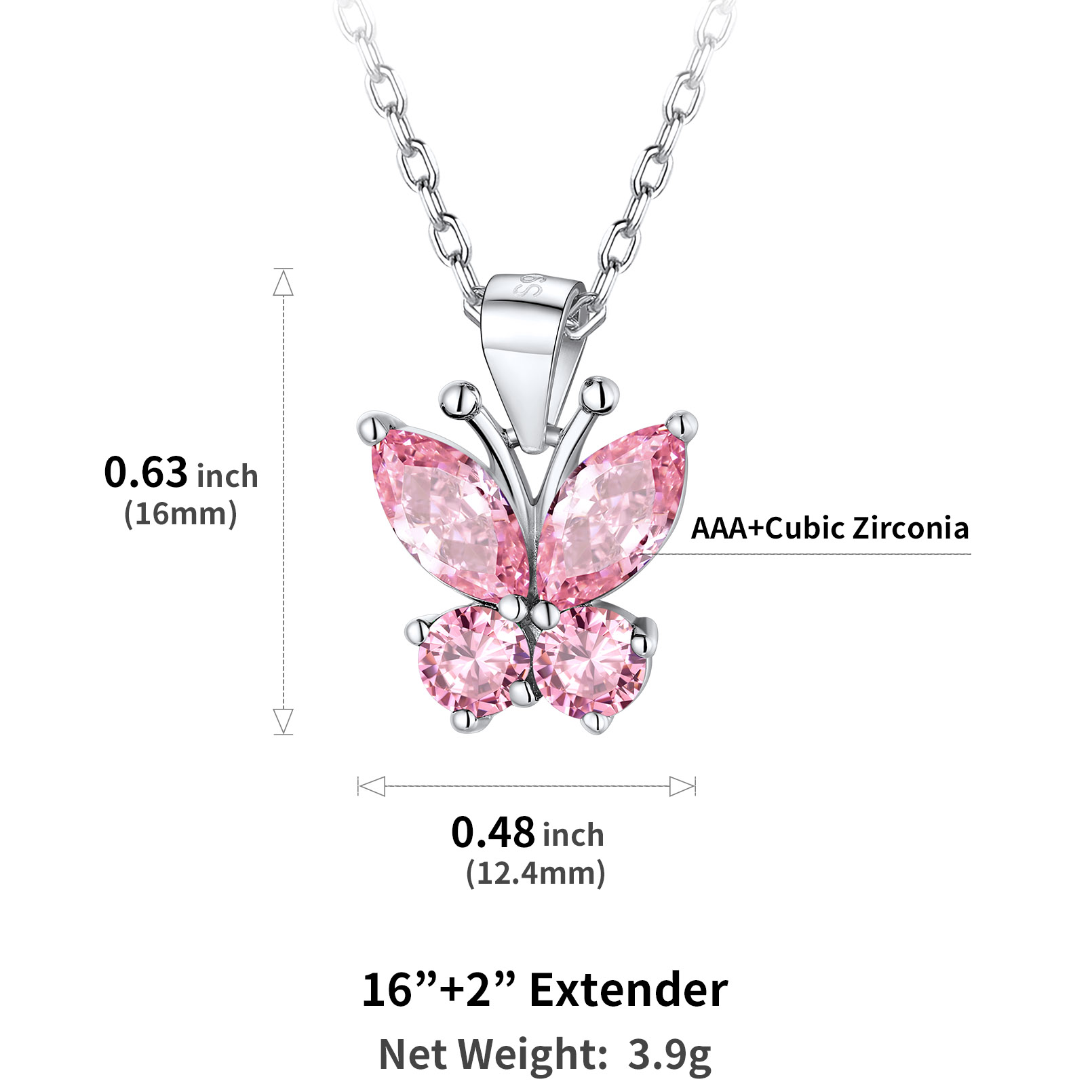 Cute Sparkle Cubic Zirconia Birthstone Butterfly Necklace Details: Dimensions, Hypoallergenic, Lobster-Claw-Clasps