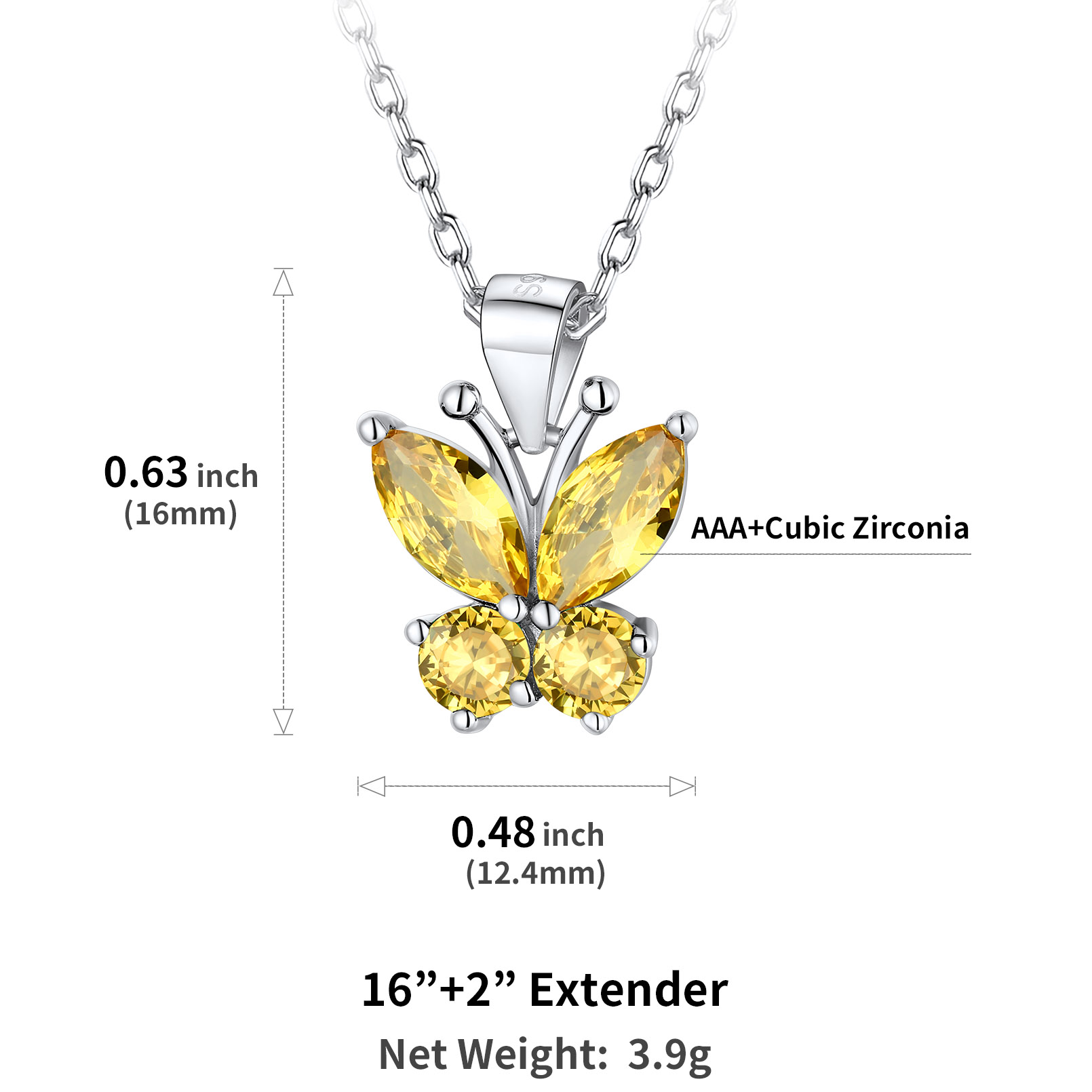 Cute Sparkle Cubic Zirconia Birthstone Butterfly Necklace Details: Dimensions, Hypoallergenic, Lobster-Claw-Clasps