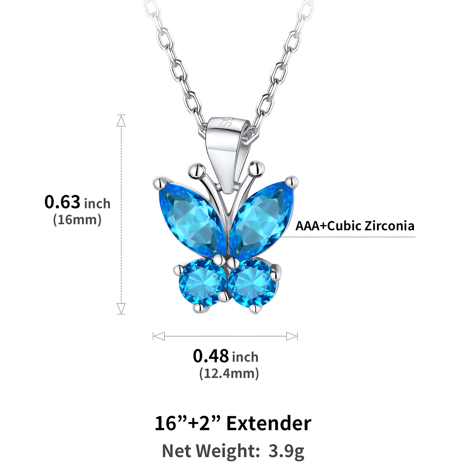 Cute Sparkle Cubic Zirconia Birthstone Butterfly Necklace Details: Dimensions, Hypoallergenic, Lobster-Claw-Clasps