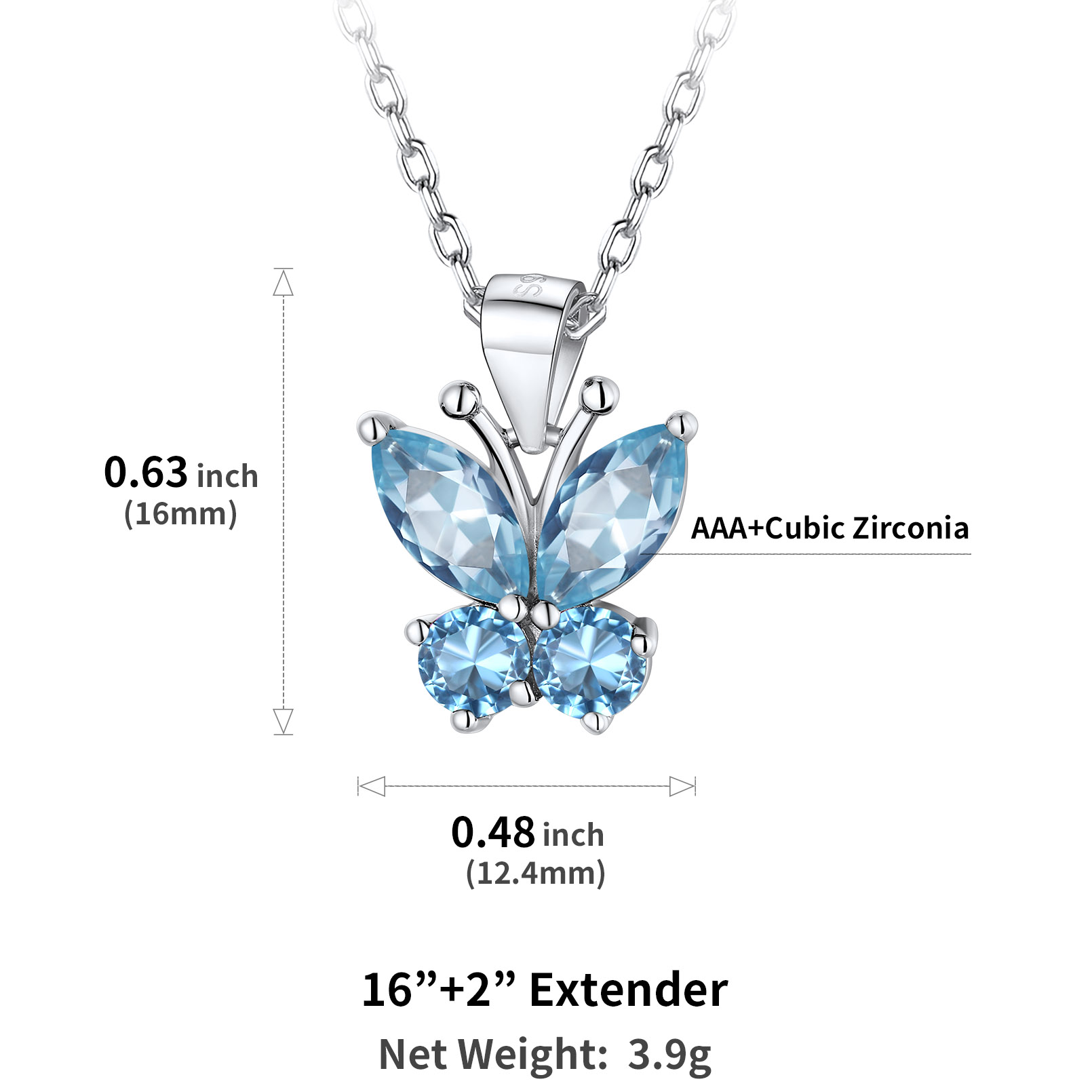 Cute Sparkle Cubic Zirconia Birthstone Butterfly Necklace Details: Dimensions, Hypoallergenic, Lobster-Claw-Clasps