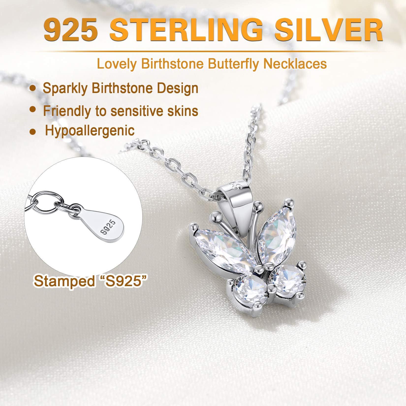 Sterling Silver ChicSilver Cute Sparkle Cubic Zirconia Birthstone Butterfly Necklace 