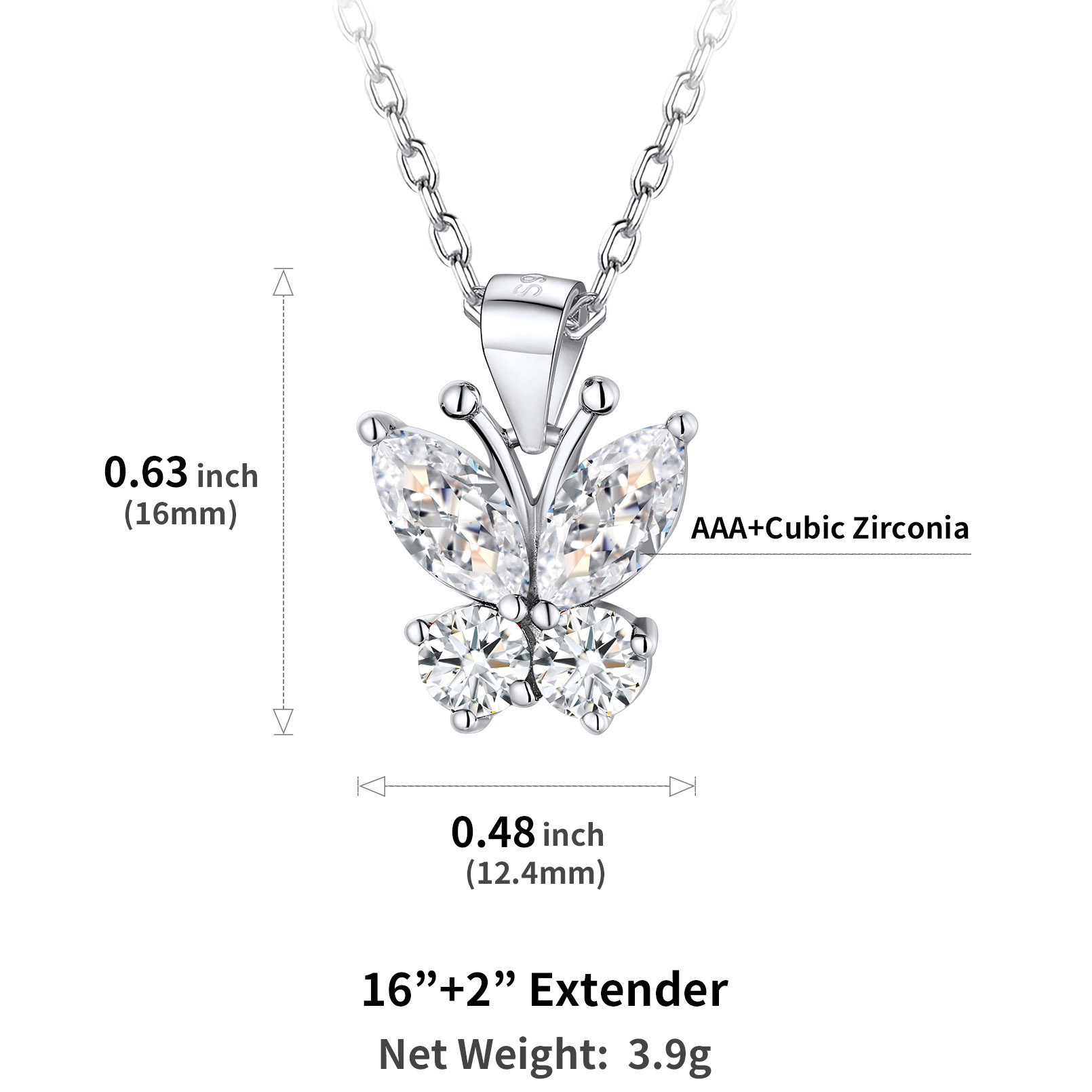 Cute Sparkle Cubic Zirconia Birthstone Butterfly Necklace Details: Dimensions, Hypoallergenic, Lobster-Claw-Clasps