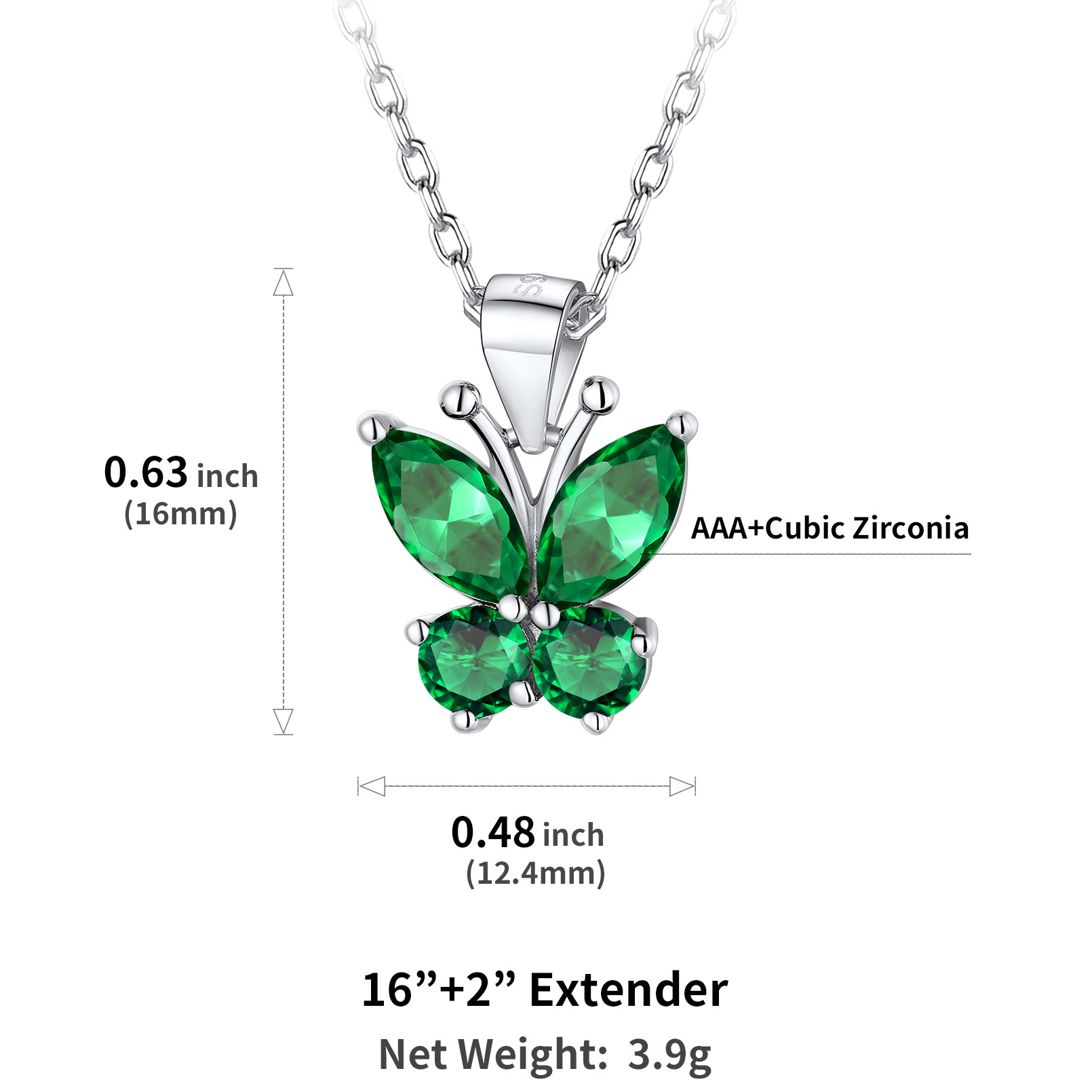 Cute Sparkle Cubic Zirconia Birthstone Butterfly Necklace Details: Dimensions, Hypoallergenic, Lobster-Claw-Clasps