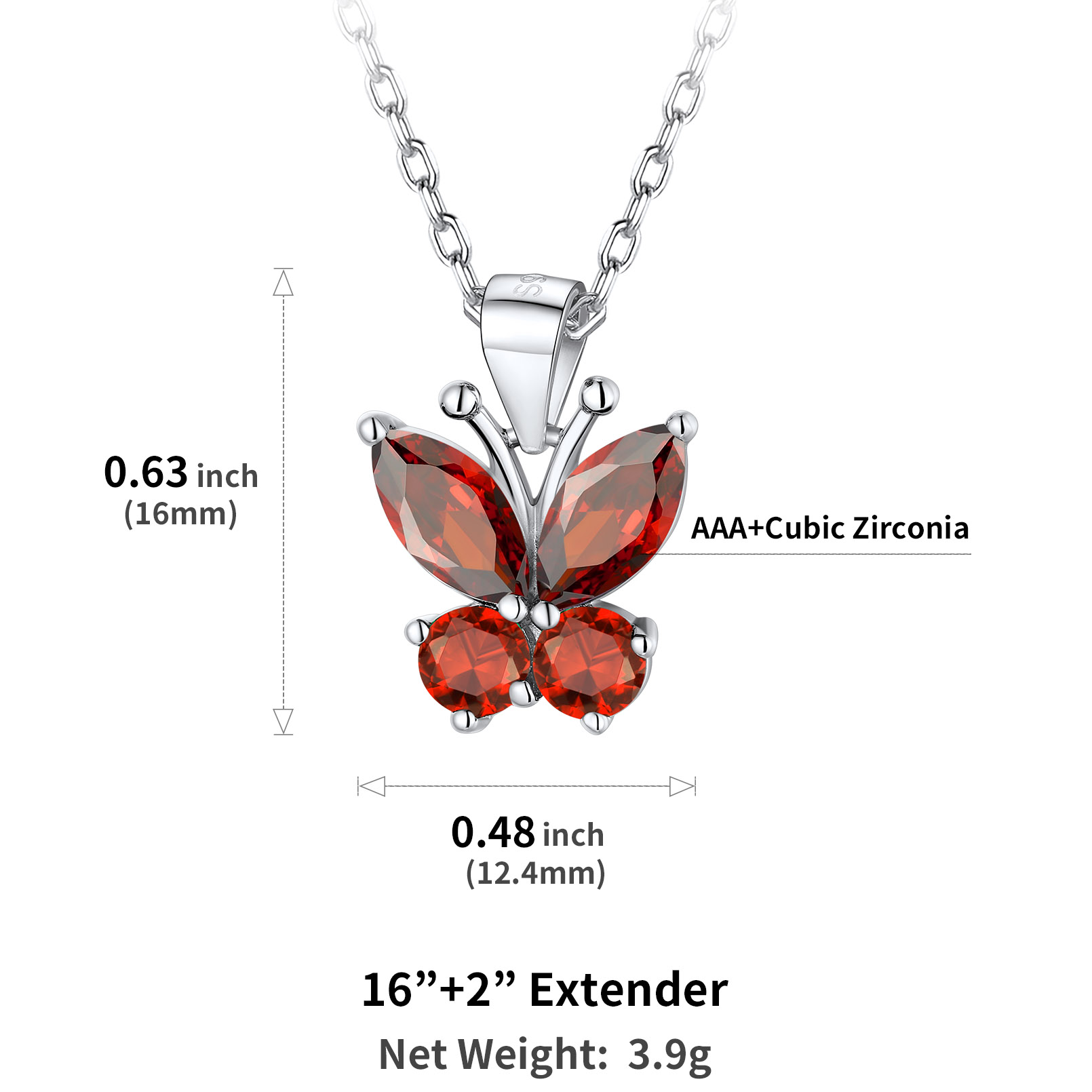 Cute Sparkle Cubic Zirconia Birthstone Butterfly Necklace Details: Dimensions, Hypoallergenic, Lobster-Claw-Clasps
